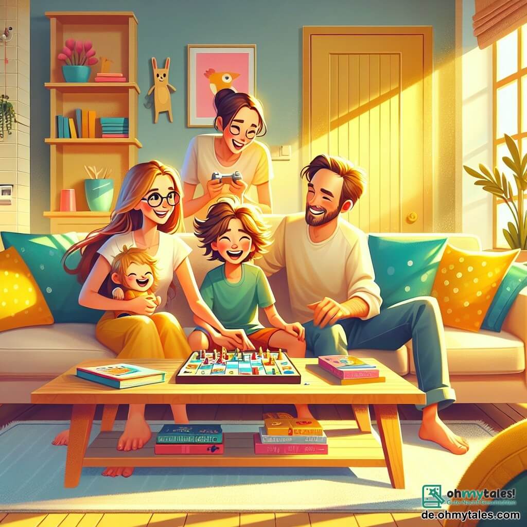 Illustration einer warmen Szene in einem Familienzimmer. Der Raum ist hell, mit pastellgelben Wänden und einem großen, bequemen Sofa, das mit bunten Kissen bedeckt ist. Ein Holztisch ist mit Büchern und Gesellschaftsspielen dekoriert, während ein Fenster Sonnenlicht hereinlässt und den Raum erhellt. Im Mittelpunkt des Bildes lächelt ein etwa 10-jähriges Mädchen mit langen braunen Haaren und Brille begeistert. Neben ihr lacht ein 8-jähriger Junge mit zerzausten blonden Haaren und hält ein Gesellschaftsspiel. Die Eltern, ein Mann in seinen Dreißigern mit leichtem Bart und eine Frau in ihren Dreißigern mit braunen Haaren, blicken liebevoll auf ihre Kinder, die auf dem Sofa sitzen. Die Hauptsituation zeigt die Familie, die gemeinsam einen fröhlichen Moment beim Spielen verbringt, mit Lachen und Lächeln auf ihren Gesichtern. Zusätzliche grafische Elemente umfassen fröhliche Tierzeichnungen an den Wänden, grüne Pflanzen in den Ecken des Raumes und eine warme Atmosphäre, die Liebe und familiäre Verbundenheit evoziert.