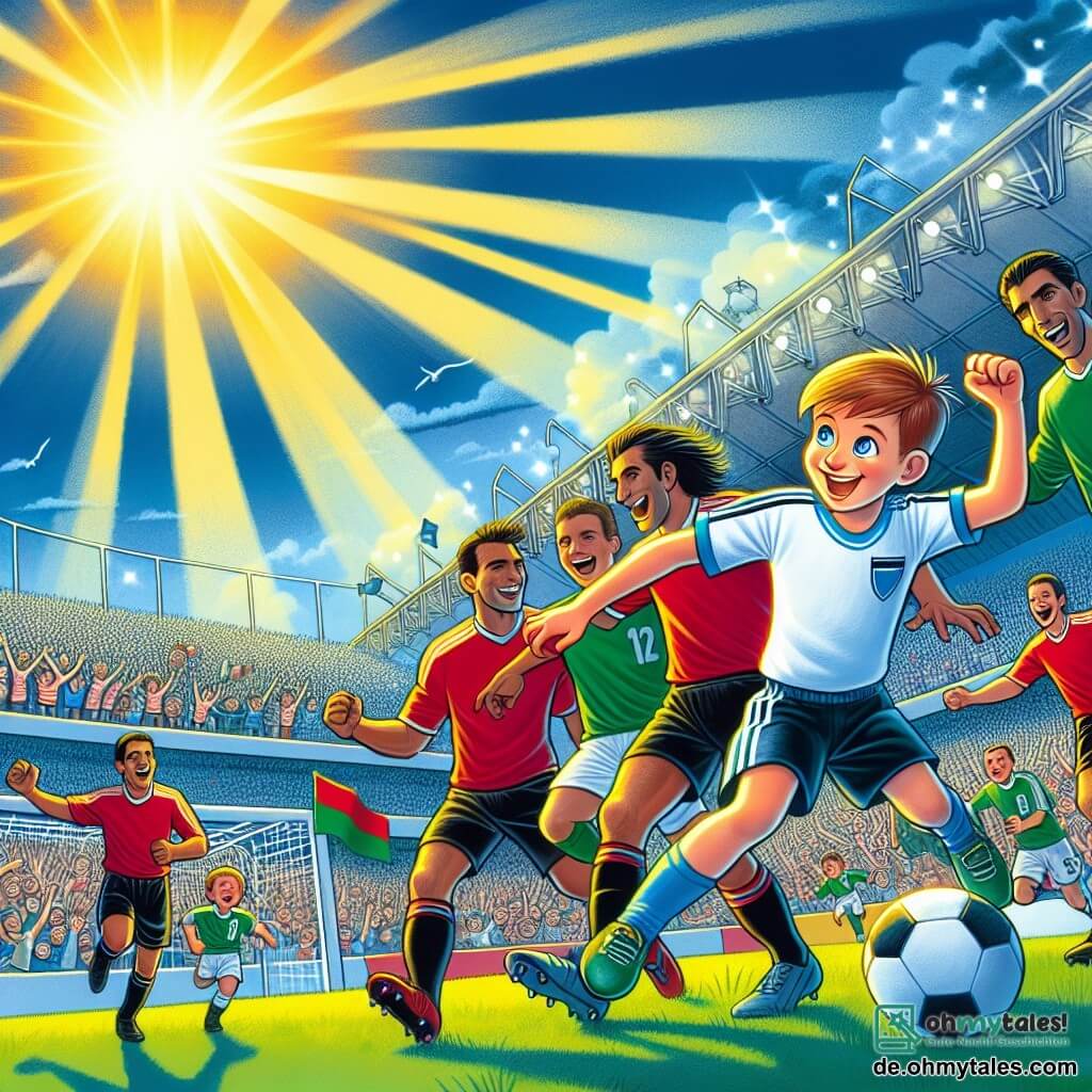 Une illustration destinée aux enfants représentant un jeune garçon passionné de football, jouant aux côtés de joueurs professionnels, sous le soleil éclatant d'un stade rempli de supporters en liesse.