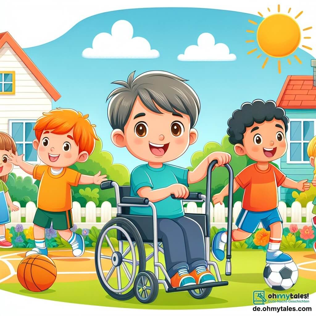 Une illustration destinée aux enfants représentant un garçon joyeux et curieux, faisant du sport avec ses amis, dont un garçon en fauteuil roulant, sur un terrain de jeu coloré et accueillant, situé dans un petit village ensoleillé.