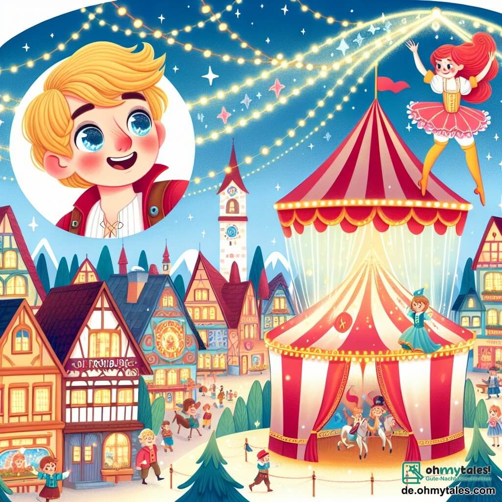 Une illustration destinée aux enfants représentant un garçon blond aux yeux pétillants, vivant une aventure magique avec une acrobate rouquine au zirkus de Frohburg, un village aux maisons colorées et un grand chapiteau orné de fanions et de lumières scintillantes.
