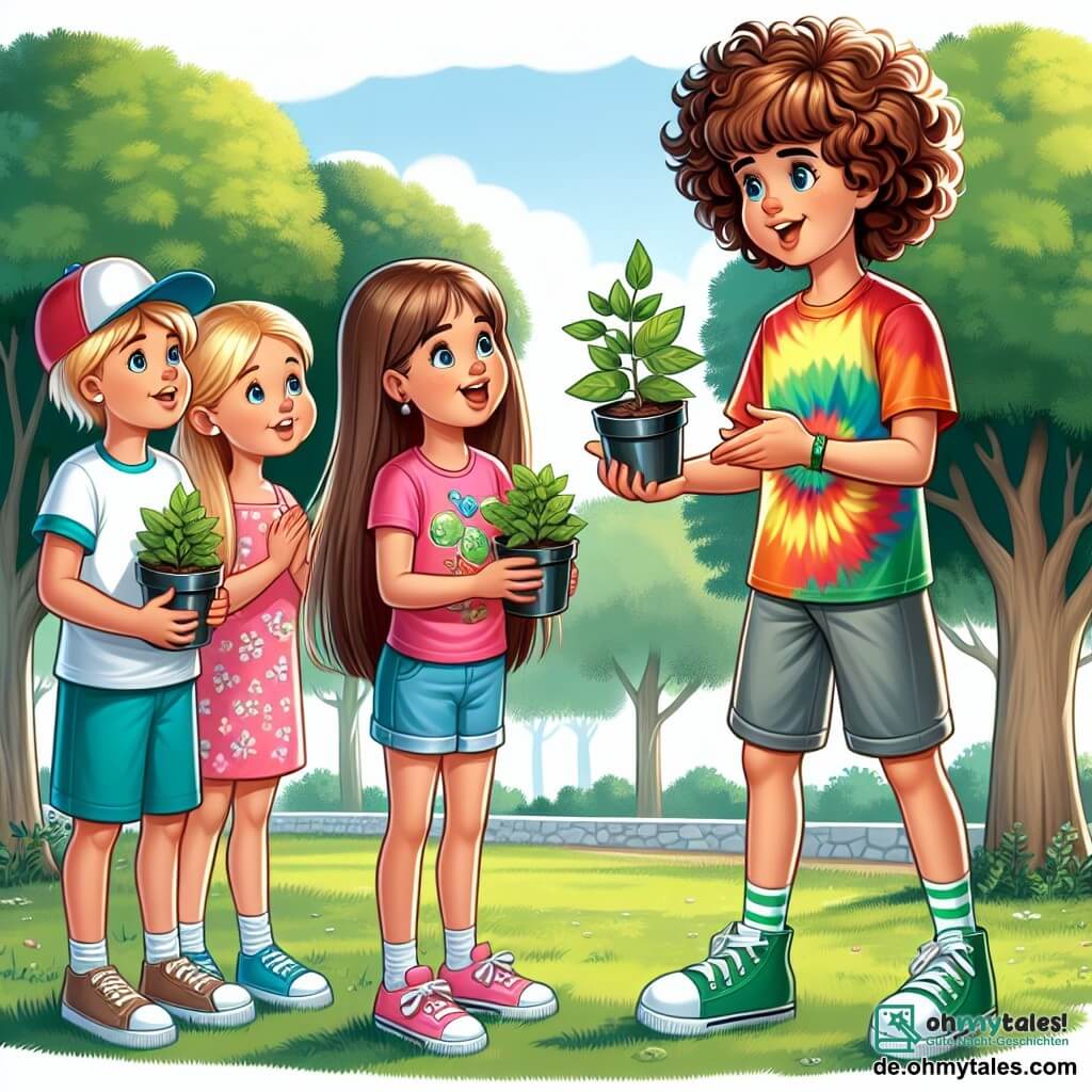 Une illustration sous forme de dessin destinée aux enfants représentant un parc verdoyant ensoleillé, où une fille de 11 ans aux cheveux bruns et bouclés, portant un t-shirt coloré et un short, explique avec enthousiasme aux enfants autour d'elle comment planter des arbres pour lutter contre le changement climatique, tandis qu'un garçon aux cheveux blonds et une casquette, ainsi qu'une fille aux cheveux longs et lisses, écoutent attentivement tout en tenant des petits pots de plantes, créant une atmosphère joyeuse et engageante autour de l'importance de protéger notre planète.