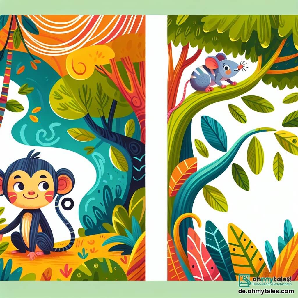 Une illustration destinée aux enfants représentant un jeune singe malicieux, une petite souris curieuse et sage, dans une jungle luxuriante et colorée où les arbres se balancent doucement au rythme du vent.