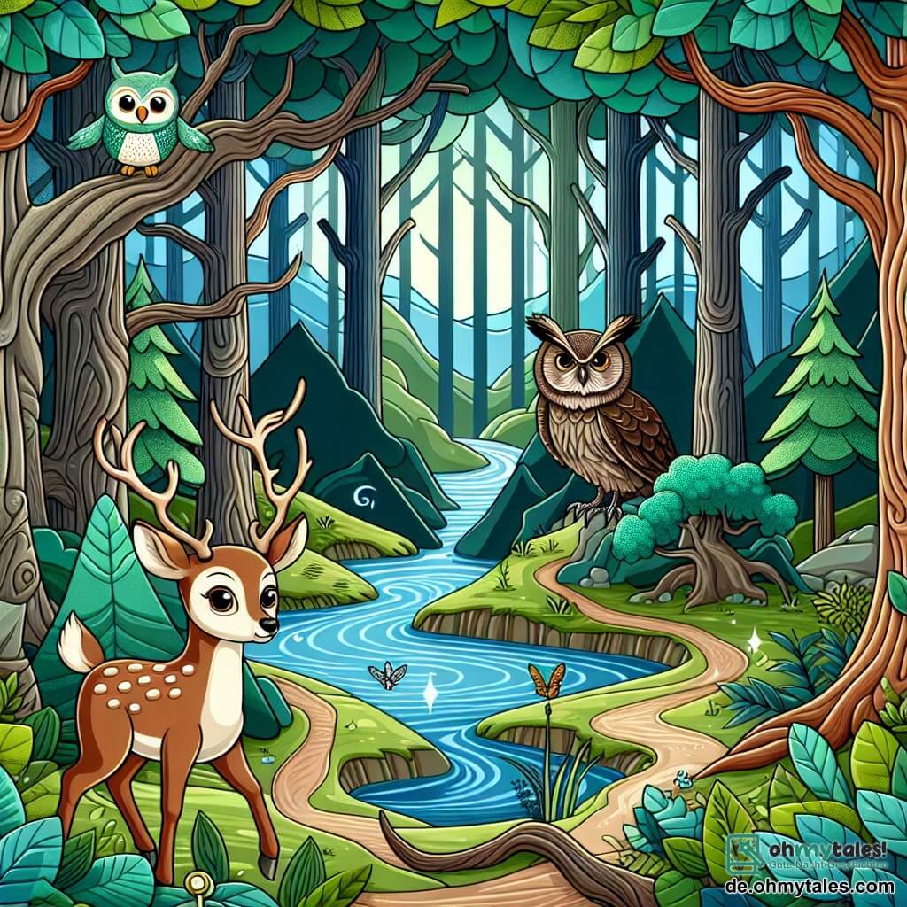 Une illustration destinée aux enfants représentant un jeune renne courageux, une vieille et sage chouette, dans une forêt enchantée aux arbres majestueux et aux chemins mystérieux, où se cache un lac magique.