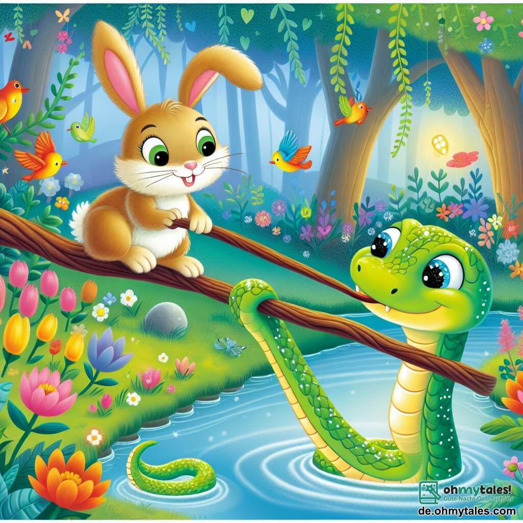Une illustration sous forme de dessin destinée aux enfants représentant un magnifique et coloré forêt magique avec des fleurs éclatantes et des oiseaux chantants, où un serpent vert aux écailles brillantes et aux yeux pétillants, en train de se faufiler avec détermination sur un long bâton posé au-dessus d'une grande flaque d'eau, est accompagné d'un petit lapin aux grandes oreilles et à la fourrure douce, qui l'encourage avec un sourire amical, illustrant le moment où ils collaborent pour surmonter un obstacle et atteindre la précieuse fleur dorée de l'autre côté.