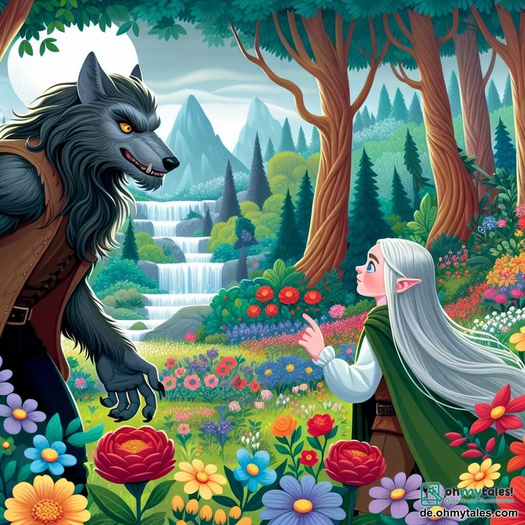 Une illustration destinée aux enfants représentant un loup-garou, mi-homme mi-loup, faisant la rencontre d'une jeune fille elfe aux longs cheveux argentés dans la clairière enchantée du mystérieux Elfenreich, un monde magique rempli de fleurs colorées, d'arbres majestueux et de cascades scintillantes.