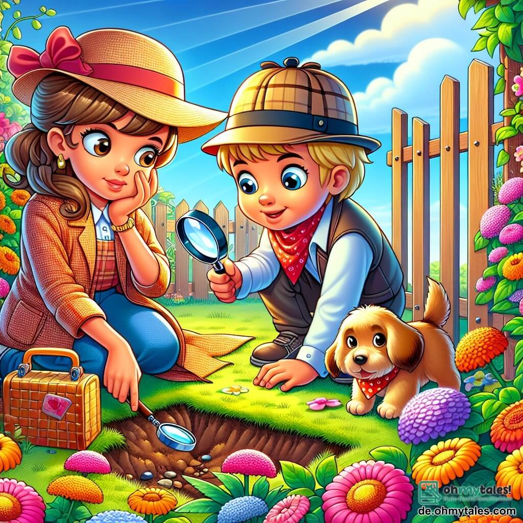 Une illustration sous forme de dessin destinée aux enfants représentant un jardin ensoleillé et coloré, avec des fleurs éclatantes et un vieux portail en bois, où une jeune femme aux cheveux bruns, portant une loupe et un chapeau de détective, examine attentivement le sol à la recherche d'indices, tandis qu'un petit garçon aux cheveux blonds et aux yeux pétillants, tenant un ballon coloré, l'observe avec curiosité, et un petit chien brun avec un halstuch rouge renifle autour d'eux, illustrant l'excitation d'une enquête pour retrouver un objet perdu.