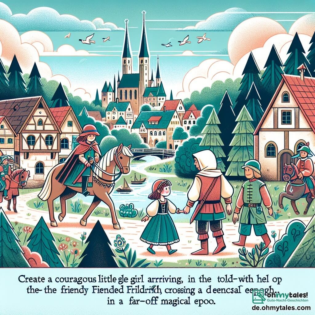 Une illustration destinée aux enfants représentant une petite fille intrépide se retrouvant dans une ville médiévale avec l'aide d'un gentil garçon nommé Friedrich, après avoir traversé un dense bois mystérieux, dans une époque lointaine et magique.