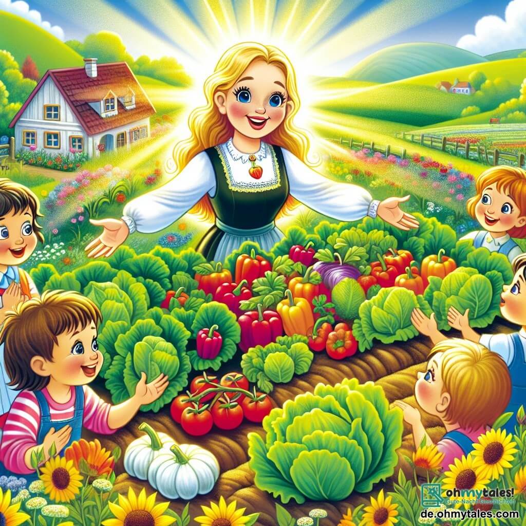 Une illustration destinée aux enfants représentant une femme agricultrice passionnée, entourée de ses amis enfants curieux, dans un magnifique jardin de légumes aux couleurs éclatantes, situé sur une ferme pittoresque au milieu de prairies verdoyantes et de douces collines.