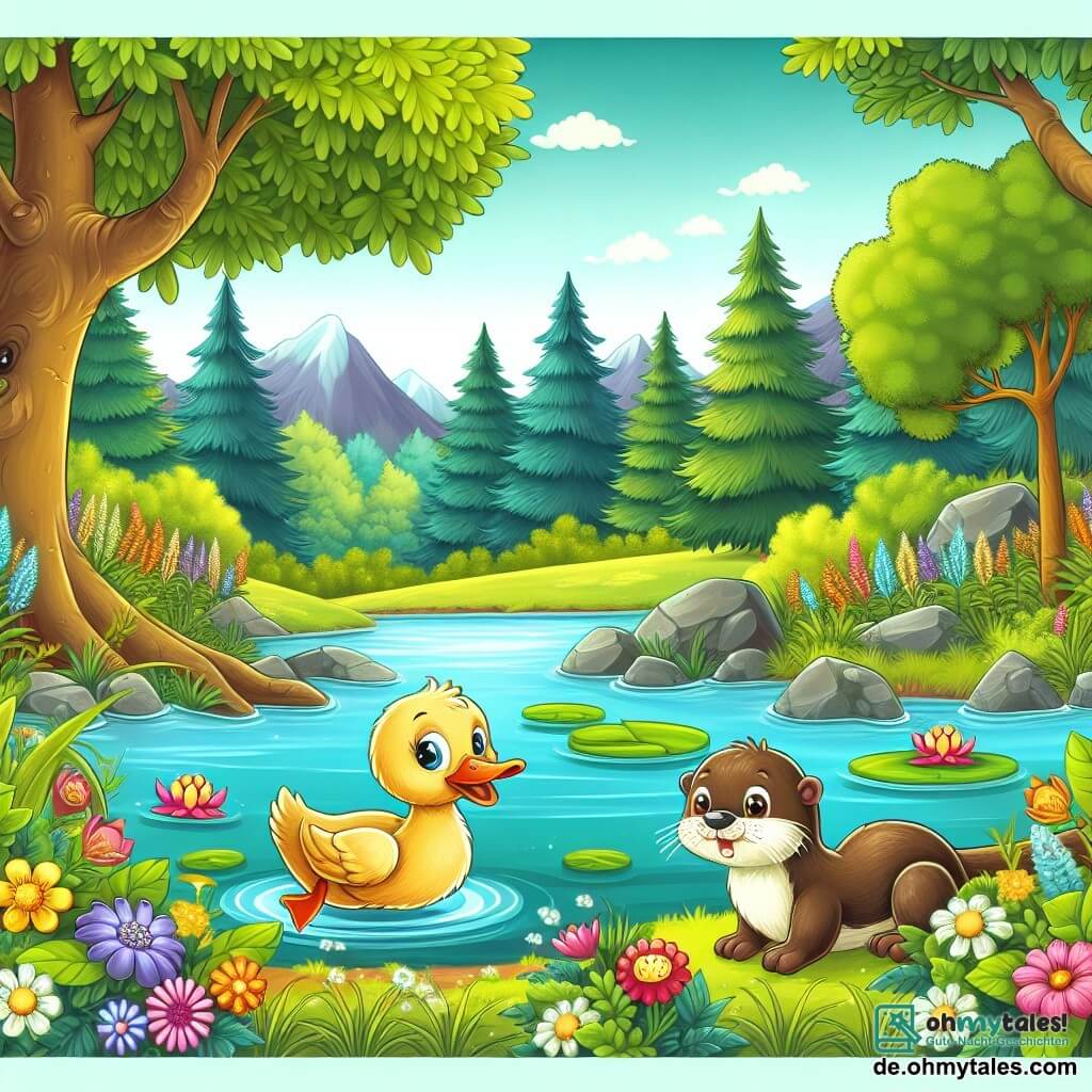 Une illustration destinée aux enfants représentant un petit canard courageux, une aventure périlleuse avec l'aide d'un gentil loutre, dans un magnifique lac entouré d'arbres luxuriants et de fleurs colorées.