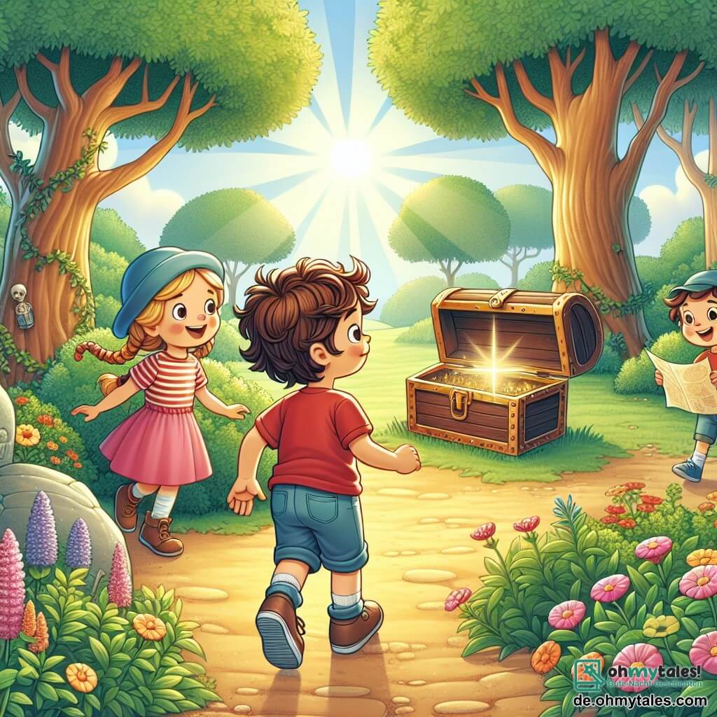 Une illustration sous forme de dessin destinée aux enfants représentant un parc ensoleillé avec des arbres verts et des fleurs colorées, où un garçon de 3 ans aux cheveux bruns et bouclés, portant un t-shirt rouge et un short bleu, est en train d'explorer un chemin secret avec une expression curieuse sur son visage, accompagné de deux amis : une fille de 3 ans aux cheveux blonds et tressés, vêtue d'une robe rose, qui regarde avec émerveillement un vieux koffer, et un garçon de 3 ans aux cheveux châtains, portant une casquette bleue et un t-shirt à rayures, qui tient une carte au trésor, alors qu'ils découvrent ensemble un mystérieux coffre enfoui dans le sol.