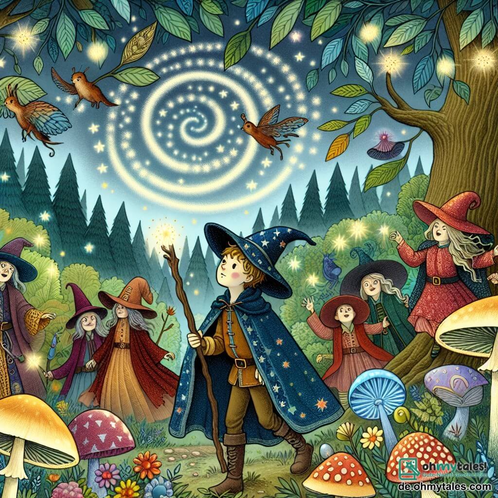 Une illustration destinée aux enfants représentant un jeune apprenti sorcier, accompagné de sa joyeuse bande de sorcières excentriques, explorant le mystérieux Zauberwald avec ses arbres aux feuilles chatoyantes et ses champignons lumineux, où la magie et l'aventure se mêlent dans un tourbillon ensorcelant.
