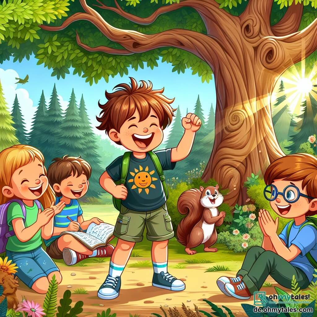 Une illustration sous forme de dessin destinée aux enfants représentant une clairière ensoleillée dans une forêt, où un garçon de 11 ans aux cheveux bruns en bataille, portant un t-shirt avec un dinosaure et un short, rit aux éclats en racontant un blague à ses amis, une fille aux cheveux longs et blonds qui prend des notes sur un carnet et un garçon aux lunettes qui applaudit joyeusement, tandis qu'un petit écureuil curieux les observe, tous entourés d'un grand arbre majestueux avec des feuilles vertes brillantes, symbolisant leur amitié et leur esprit d'aventure.