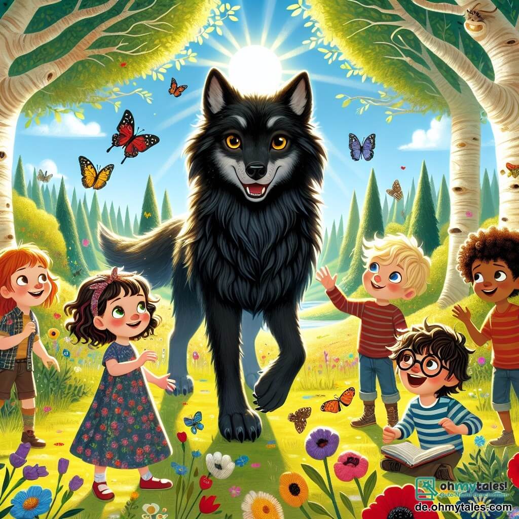 Illustration einer magischen Szene in einer sonnigen Lichtung, umgeben von großen, knorrigen Bäumen und bunten Blumen, die im Wind tanzen. In der Mitte steht ein großer, glänzend schwarzer Wolf mit leuchtenden Augen und einem freundlichen Lächeln, umgeben von fünf Kindern. Unter ihnen betrachtet ein zehnjähriges Mädchen mit braunen Haaren in einem Blumenkleid neugierig den Wolf. Neben ihr lächelt ein zehnjähriger Junge mit blonden Haaren und streckt seine Hand nach dem Wolf aus, bereit, ihn willkommen zu heißen. Ein weiteres Mädchen mit lockigen Haaren und einem gestreiften T-Shirt beobachtet staunend, während ein Junge mit braunen Haaren in einem blauen Pullover in ein kleines Notizbuch schreibt. Schließlich scheint ein anderer Junge mit Brille und schwarzen Haaren begeistert eine Geschichte zu erzählen. Die Szene strahlt Freude und Kameradschaft aus, mit bunten Schmetterlingen, die um sie herumfliegen, und einem hellblauen Himmel im Hintergrund, der die aufkeimende Freundschaft zwischen den Kindern und dem Wolf symbolisiert.