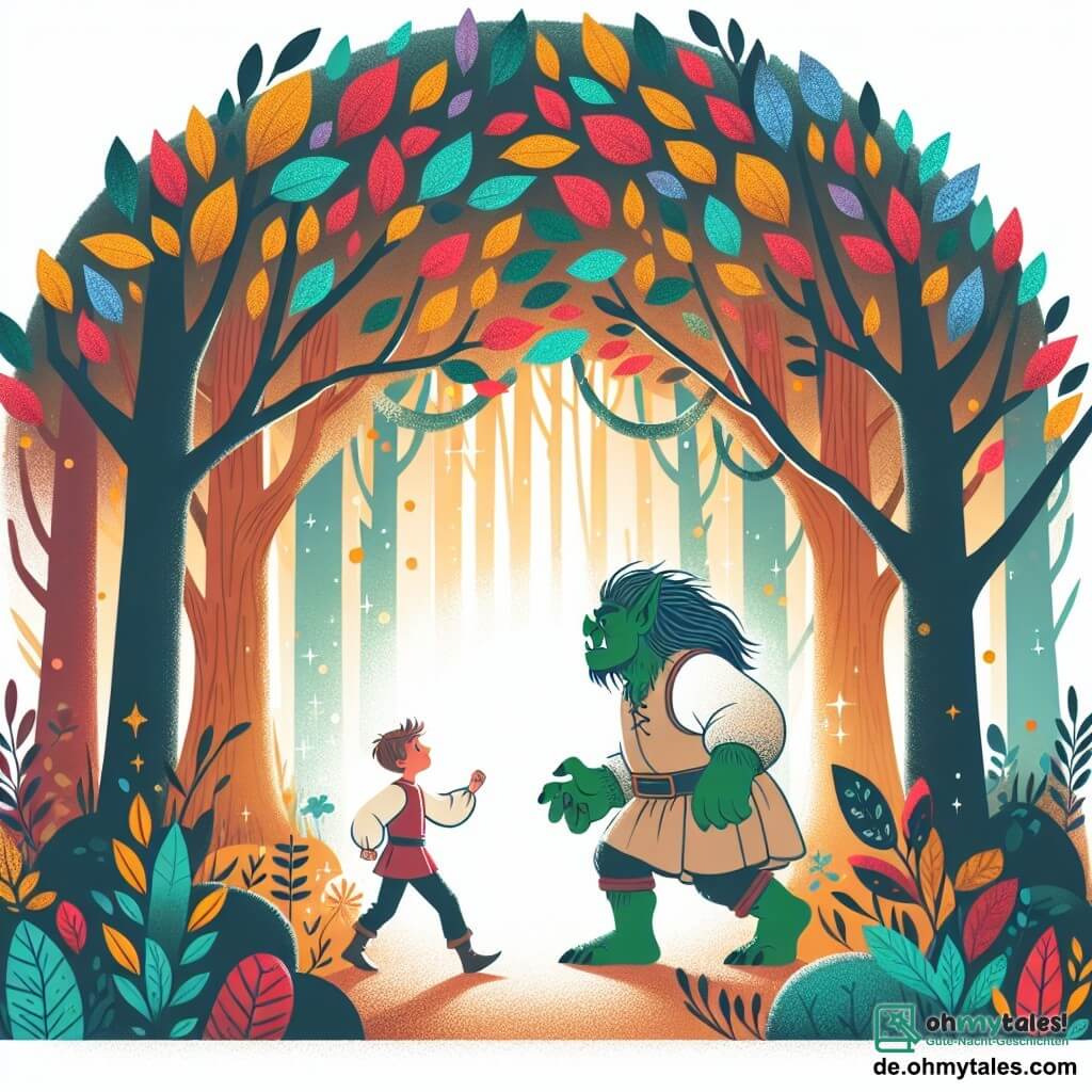 Une illustration destinée aux enfants représentant une jeune fille ogre rencontrant un courageux garçon dans un magnifique Zauberwald aux arbres aux feuilles scintillantes de toutes les couleurs de l'arc-en-ciel.