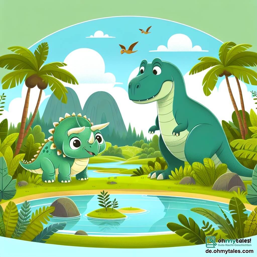 Une illustration destinée aux enfants représentant un petit tricératops curieux et courageux, accompagné d'un grand tyrannosaure bienveillant, explorant ensemble un luxuriant oasis verdoyant au cœur du jungle préhistorique.