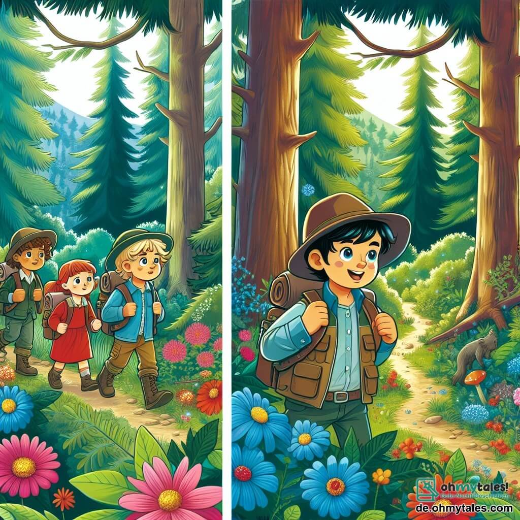 Une illustration destinée aux enfants représentant un petit garçon curieux et intrépide, accompagné de ses amis, une fille et un garçon, découvrant un mystérieux chemin dans une forêt dense et verdoyante, parsemée de fleurs colorées et d'arbres majestueux.
