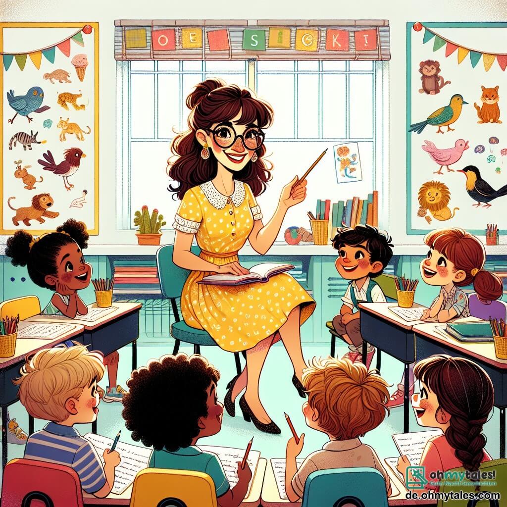 Illustration eines bunten und einladenden Klassenzimmers mit Wänden, die mit Tierzeichnungen und Buchstaben geschmückt sind. In der Mitte sitzt eine lächelnde Frau in ihren Dreißigern, die ein gelbes Kleid mit weißen Punkten trägt, auf der Ecke ihres Schreibtisches, umgeben von Büchern und Stiften. Sie hat braune Haare, die zu einem Pferdeschwanz gebunden sind, und trägt runde Brillen, die ihr ein freundliches Aussehen verleihen. Um sie herum sitzen mehrere Kinder im Alter von etwa 7 bis 8 Jahren auf bunten Stühlen. Ein Junge mit zerzausten Haaren und einer großen Brille hört aufmerksam zu, während ein Mädchen mit Zöpfen und einem strahlenden Lächeln die Hand hebt, um ungeduldig eine Frage zu stellen. Die Frau erklärt begeistert die Bedeutung von Büchern, und die Kinder, fasziniert, tauschen Ideen über ihre Lieblingsgeschichten aus. Buntstifte und Blatt Papier sind auf den Tischen verstreut und verleihen der Szene einen kreativen Touch. Das Sonnenlicht strömt durch die Fenster und schafft eine fröhliche und inspirierende Atmosphäre, die voller Neugier und Lernen ist.