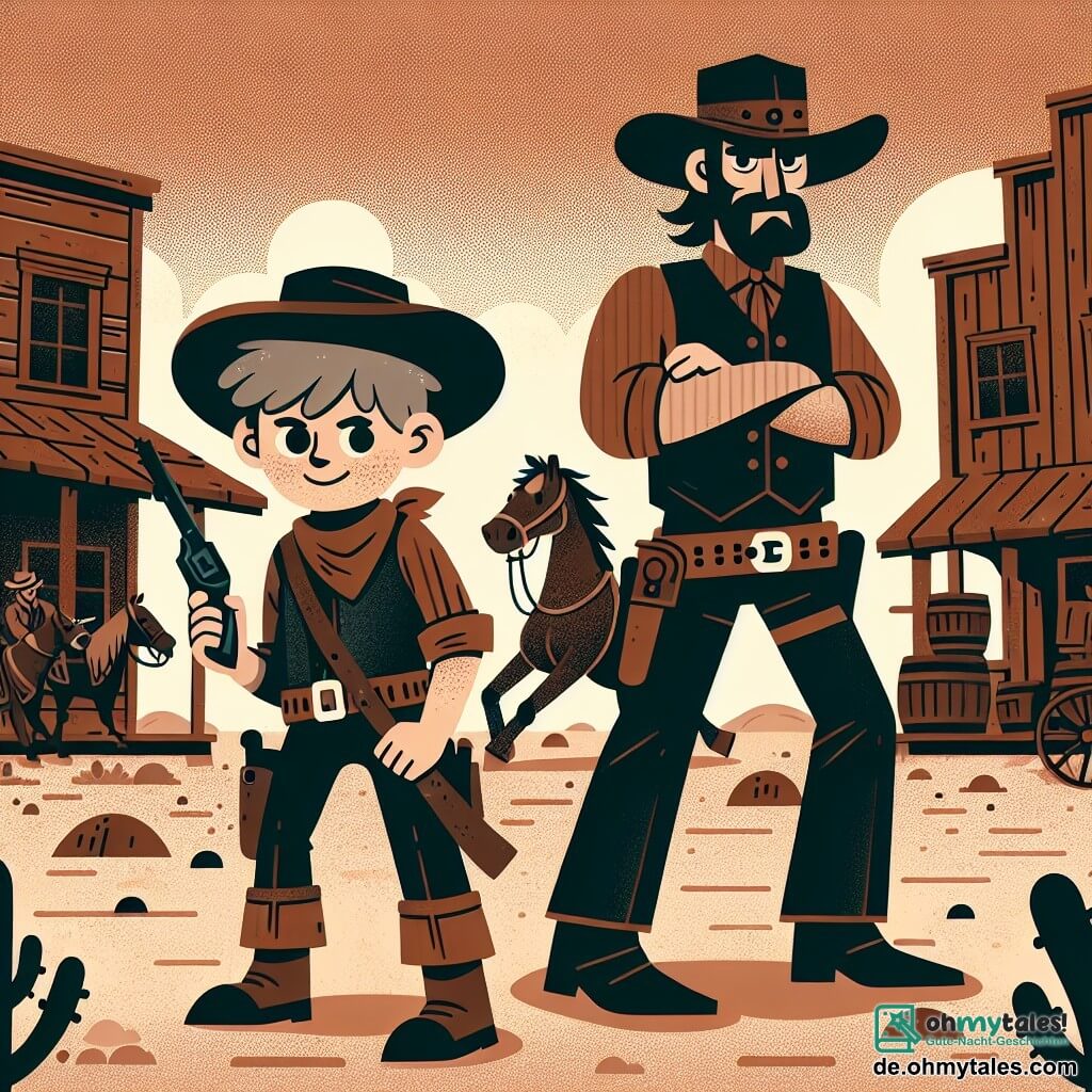 Une illustration destinée aux enfants représentant un jeune cow-boy courageux, un bandit redoutable, une ville poussiéreuse du Far West avec des saloons en bois et des chevaux attachés aux poteaux.