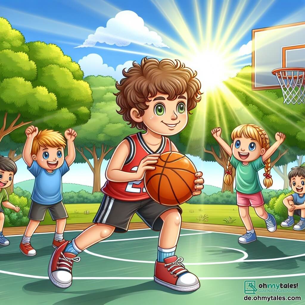 Illustration einer lebhaften Szene auf einem Basketballplatz im Freien, umgeben von grünen Bäumen und einem strahlend blauen Himmel. In der Mitte dribbelt ein 11-jähriger Junge mit braunen, lockigen Haaren, der ein rotes Trikot und schwarze Shorts trägt, mit einem entschlossenen Lächeln im Gesicht, was sein wachsendes Selbstvertrauen zeigt. Neben ihm ermutigt ein 10-jähriges Mädchen mit geflochtenen blonden Haaren, das ein blaues T-Shirt und rosa Shorts trägt, ihn begeistert, indem sie die Arme in die Luft hebt. Ein weiterer 11-jähriger Junge mit kurzen blonden Haaren, der ein grünes T-Shirt trägt, applaudiert und lächelt, was seine Unterstützung zeigt. Im Hintergrund schauen andere Kinder bewundernd zu und schaffen eine Atmosphäre von Kameradschaft und Freude. Sonnenstrahlen filtern durch die Bäume und verleihen dieser Szene von Selbstvertrauen und Überwindung eine warme Note.