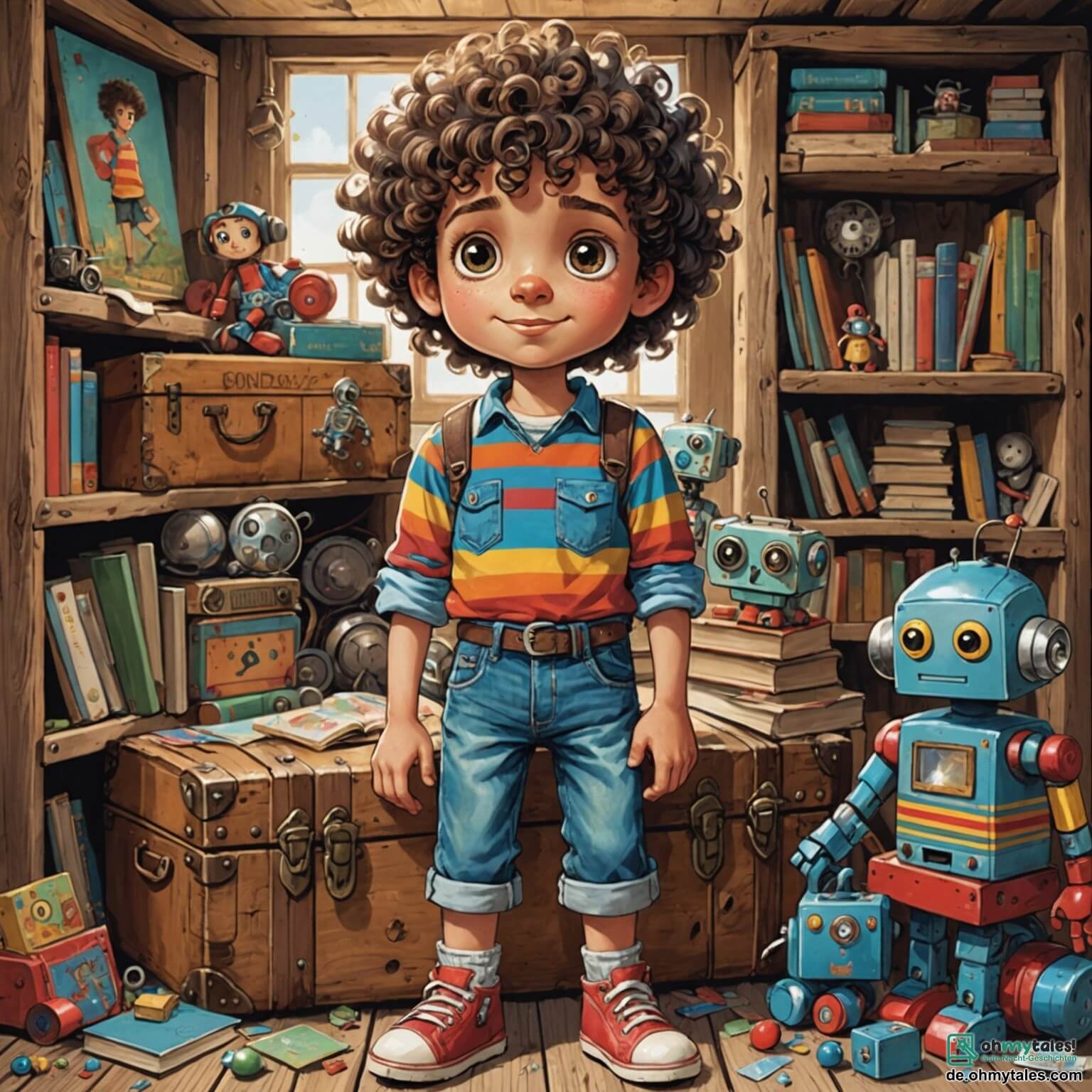 Une illustration destinée aux enfants représentant un garçon aux cheveux bouclés et aux yeux pétillants de curiosité, vêtu d'une chemise à rayures colorées et d'un short en jean, se tenant devant un ancien koffer en bois décoré de stickers brillants, dans un grenier poussiéreux rempli de vieux jouets, de livres aux couvertures usées et de toiles d'araignées scintillantes, tandis qu'un robot amical aux formes arrondies et aux yeux lumineux, qui semble tout droit sorti d'un film futuriste, se tient à ses côtés, prêt à l'emmener dans une aventure incroyable à travers le temps pour retrouver une fleur magique capable de redonner des couleurs à un monde devenu gris et triste.
