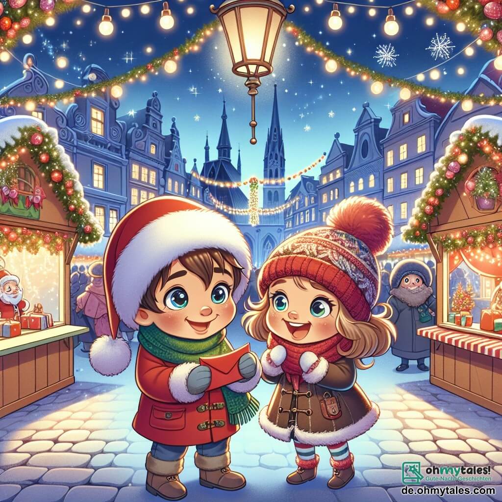 Une illustration sous forme de dessin destinée aux enfants représentant un charmant marché de Noël illuminé, avec des stands colorés décorés de guirlandes scintillantes, où un garçon de 7 ans aux cheveux bruns et aux yeux pétillants, vêtu d'un manteau rouge et d'une écharpe verte, tient un enveloppe rouge dans ses mains, tandis qu'à ses côtés, une petite fille aux cheveux blonds bouclés et souriante, portant un bonnet en laine, l'encourage avec enthousiasme à chercher le Père Noël, capturant l'esprit magique et joyeux de la saison des fêtes.