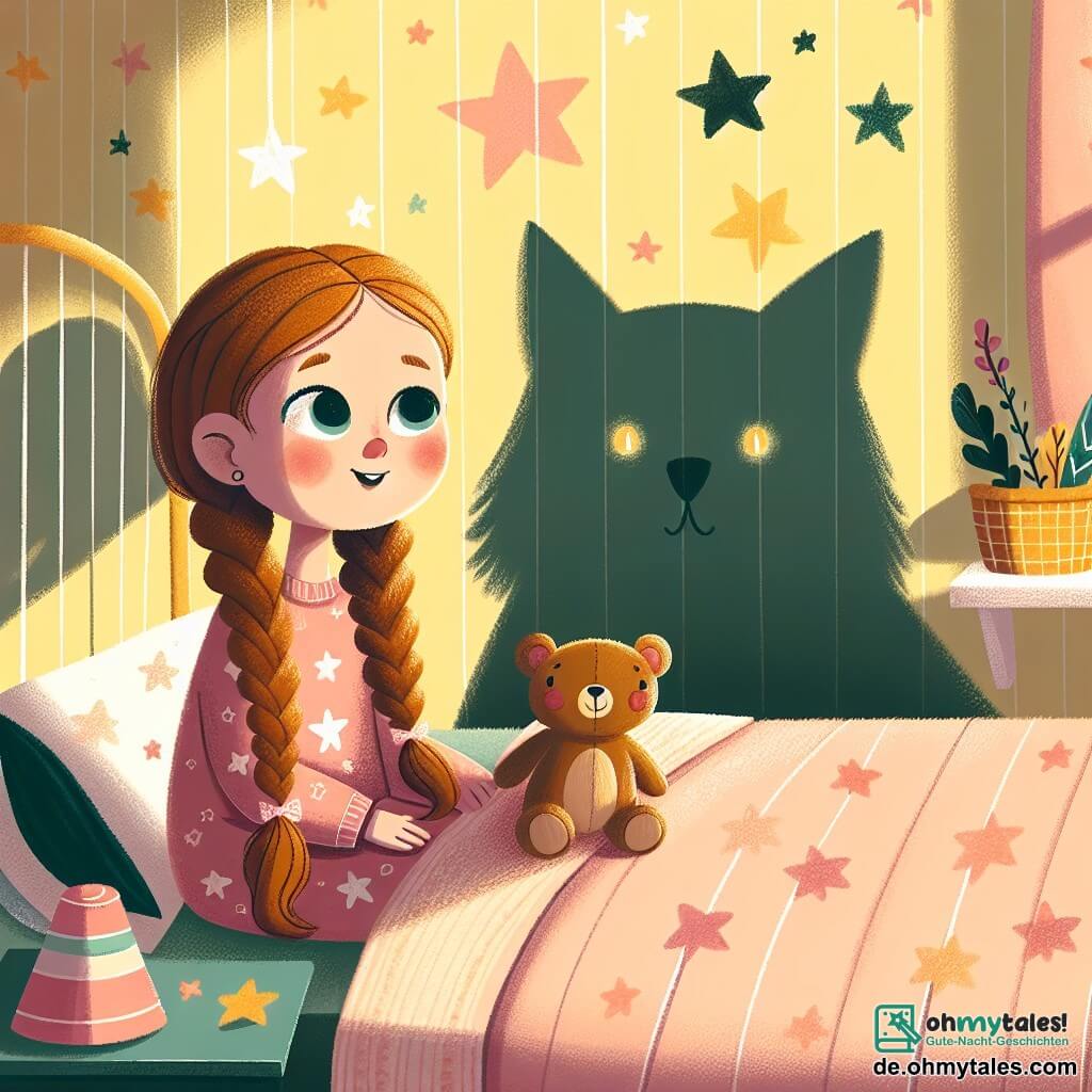 Une illustration sous forme de dessin destinée aux enfants représentant une chambre chaleureuse avec des murs peints en jaune doux, où une petite fille de 5 ans aux longs cheveux bruns tressés, portant un pyjama rose à motifs d'étoiles, est assise sur son lit, tenant un ours en peluche contre sa poitrine, tandis qu'une petite chatte aux yeux brillants et au pelage noir se faufile près d'elle, alors qu'elles regardent ensemble les ombres dans la pièce, illustrant le moment où la fillette surmonte sa peur du noir en découvrant que les ombres peuvent être amicales et pleines d'histoires.