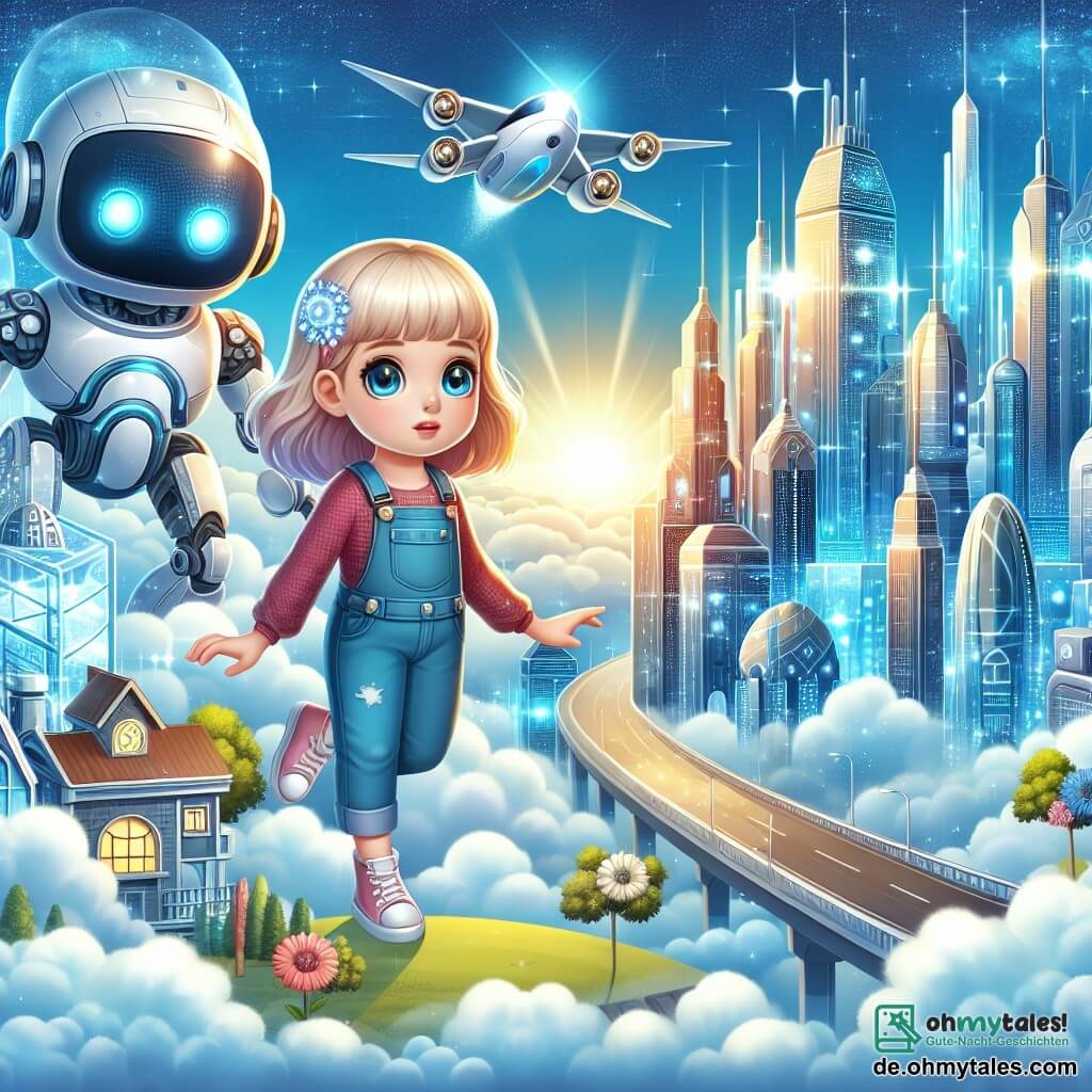 Une illustration destinée aux enfants représentant une petite fille curieuse explorant une ville futuriste flottant dans les nuages, accompagnée d'un robot brillant, dans la magnifique cité de Skyopolis, avec des bâtiments scintillants et des voitures volantes.