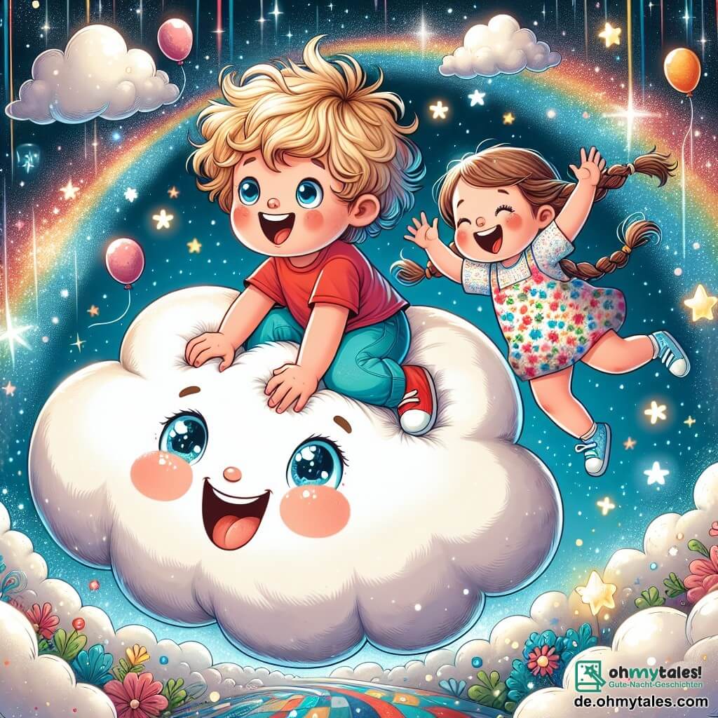Illustration einer magischen Szene am Himmel, wo eine große, weiche und fluffige weiße Wolke zwischen funkelnden Sternen schwebt. Darunter springt ein 3-jähriger Junge mit zerzausten blonden Haaren und neugierigen Augen fröhlich auf einem großen, wolkenförmigen Kissen, während er laut lacht. Neben ihm steht ein 3-jähriges Mädchen mit geflochtenen braunen Haaren und einem bunten Blumenkleid, das lächelt und versucht, ihn zu fangen, mit erhobenen Armen. Die Szene strahlt Freude und Spaß aus, mit bunten Ballons, die um sie herum schweben, und einem leuchtenden Regenbogen im Hintergrund, der eine festliche und verspielte Atmosphäre schafft.