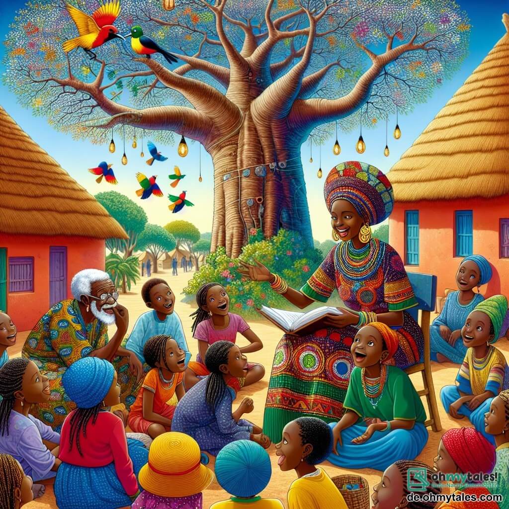 Une illustration sous forme de dessin destinée aux enfants représentant un village africain vibrant de couleurs, avec des maisons en terre cuite et un grand baobab au centre, où une jeune femme aux cheveux tressés et vêtue d'une robe traditionnelle aux motifs éclatants raconte des histoires captivantes à un groupe d'enfants aux yeux pétillants, assis en cercle autour d'elle, tandis qu'un vieux sage à la peau ridée et à la barbe blanche écoute attentivement, créant une atmosphère de partage et de magie, avec des oiseaux colorés volant dans le ciel bleu.