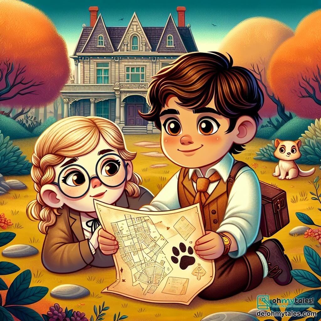 Une illustration sous forme de dessin destinée aux enfants représentant un petit garçon de 9 ans aux cheveux châtains et aux yeux pétillants, agenouillé dans un vieux jardin en désordre, tenant une carte au trésor en papier jauni, tandis qu'une fille aux cheveux blonds tressés et aux lunettes rondes se penche par-dessus son épaule, tous deux intrigués par une mystérieuse empreinte de patte dans le sol, avec en arrière-plan un vieux manoir entouré d'arbres aux feuilles colorées, évoquant une atmosphère d'aventure et de mystère.