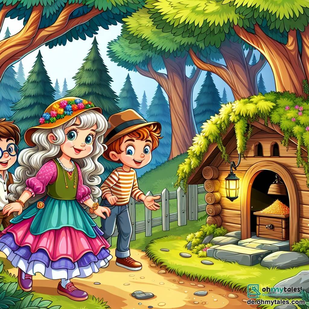 Une illustration sous forme de dessin destinée aux enfants représentant une forêt enchantée avec des arbres majestueux et un petit chemin sinueux, où une fille de 7 ans aux cheveux bouclés et aux yeux pétillants, vêtue d'une robe colorée, examine avec curiosité une vieille hutte en bois, tandis que deux garçons, l'un avec des lunettes et un t-shirt rayé, l'autre avec un chapeau de détective et un sourire malicieux, l'observent avec enthousiasme, tous trois prêts à résoudre le mystère d'un trésor caché.