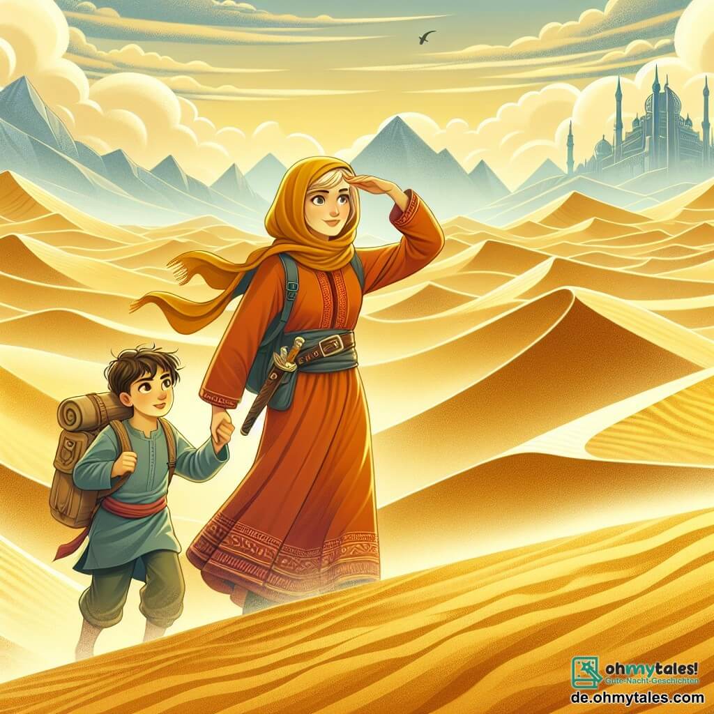 Une illustration destinée aux enfants représentant une jeune femme exploratrice intrépide, accompagnée d'un garçonnet perdu, naviguant à travers les majestueuses dunes dorées d'une vaste et mystérieuse wüste inconnue.