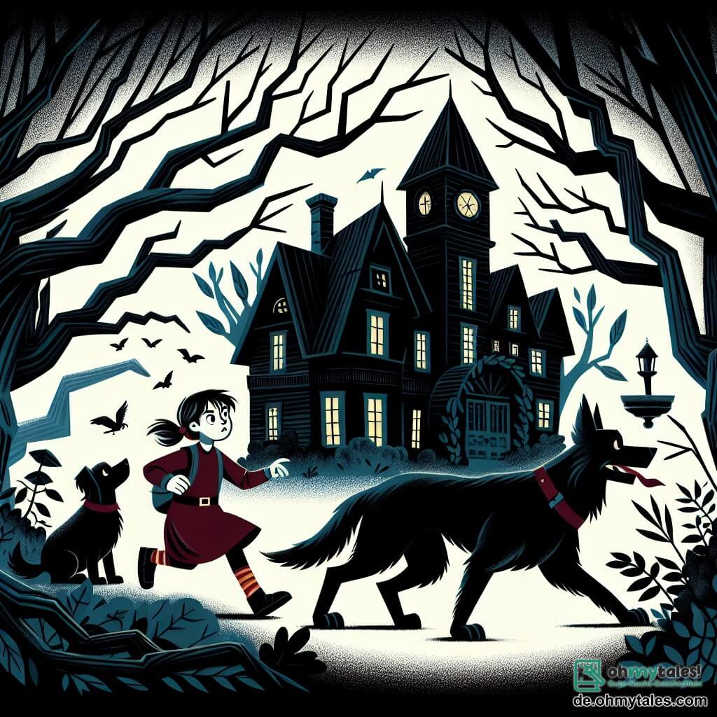 Une illustration destinée aux enfants représentant une jeune fille courageuse explorant un sinistre manoir hanté, accompagnée de son fidèle chien noir, dans une forêt sombre et mystérieuse où les arbres semblent se pencher menaçants vers elle.
