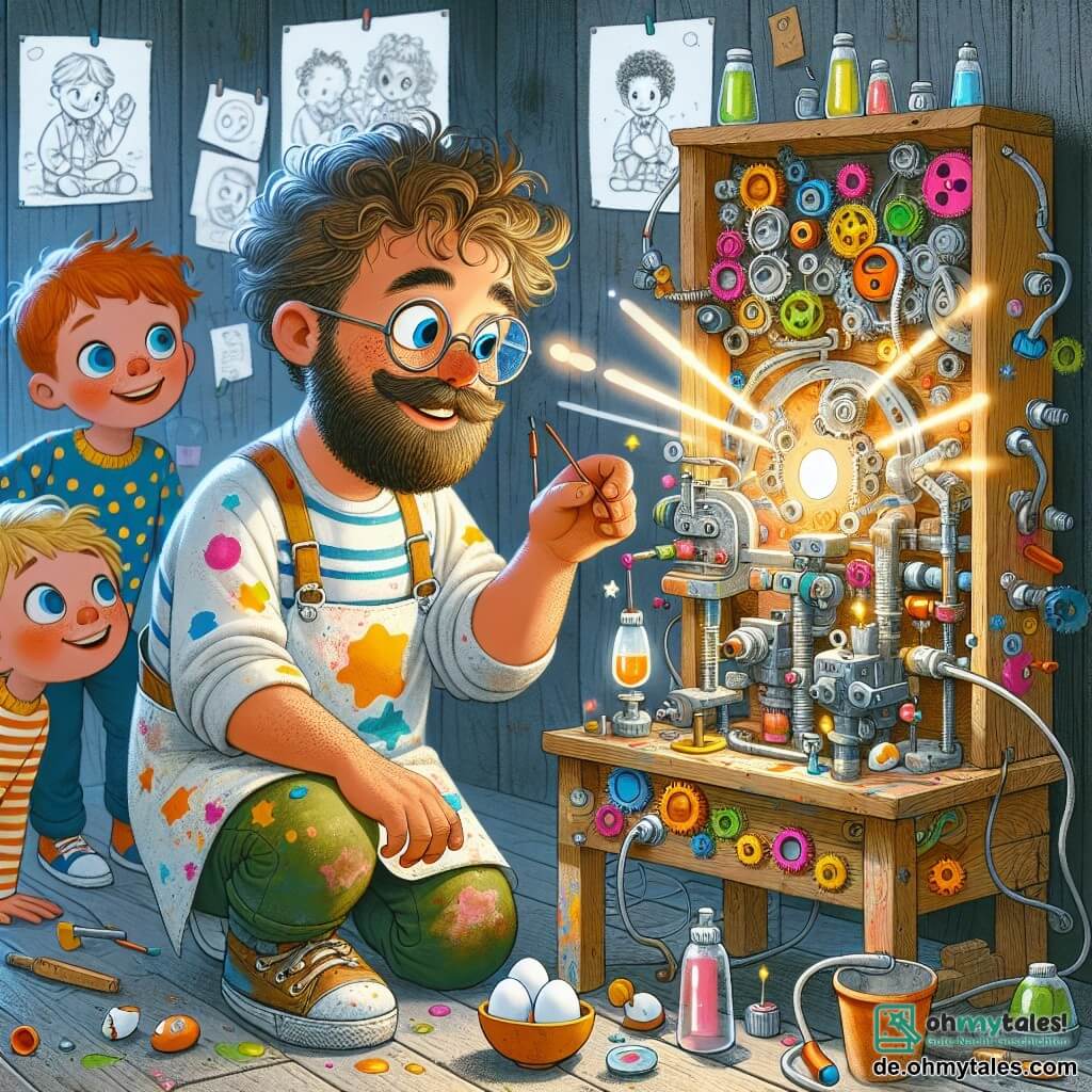 Eine Illustration zeigt eine lebhafte Szene in einer kleinen, bunten Erfindungswerkstatt mit Holzdecken, die mit Skizzen und verstreuten Werkzeugen bedeckt sind. In der Mitte beugt sich ein Mann mit zerzausten Haaren und einem leicht struppigen Bart, der einen mit Farbe bespritzten Arbeitskittel trägt, über eine komplexe Maschine aus glänzendem Metall, bunten Zahnrädern und leuchtenden Knöpfen. Seine Augen funkeln vor Aufregung, während er mit einer Hand einen Hebel justiert und mit der anderen ein Ei hält, das er in die Maschine legen möchte. Um ihn herum schauen einige neugierige Kinder im Alter von etwa 8 bis 10 Jahren fasziniert zu. Ein Mädchen mit lockigem Haar und runden Brillen, das ein gestreiftes T-Shirt trägt, zeigt auf die Maschine, während ein Junge mit kurzen, zerzausten Haaren, der einen gemusterten Pullover anhat, lächelt und ein Ei in den Händen hält. Die Szene fängt den Moment ein, in dem der Erfinder seine Maschine testet, um das perfekte Ei zu kochen, mit Lichtblitzen, die von der Maschine ausgehen, und Dampfbällen, die entweichen und der Atmosphäre einen Hauch von Magie verleihen. An den Wänden hängen Zeichnungen von Eiern in verschiedenen Größen und Farben, die von der Begeisterung und Vorstellungskraft zeugen, die in dieser Werkstatt herrscht.