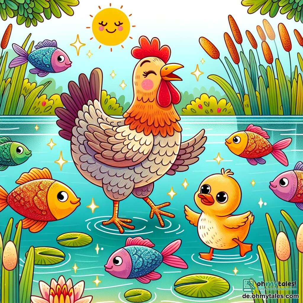 Une illustration destinée aux enfants représentant une poule espiègle en train de danser avec des poissons colorés dans un lac scintillant, tandis qu'un petit caneton curieux observe la scène depuis la rive bordée de roseaux et de nénuphars.