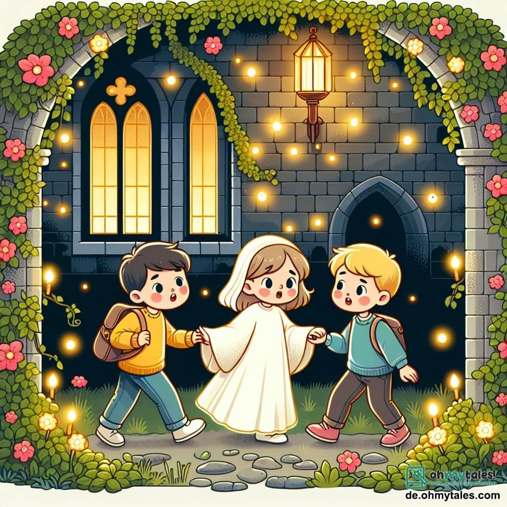 Une illustration destinée aux enfants représentant un fantôme fillette, aidant deux amis garçons, dans une école enchantée aux murs de pierre recouverts de vignes fleuries et de lucioles lumineuses.