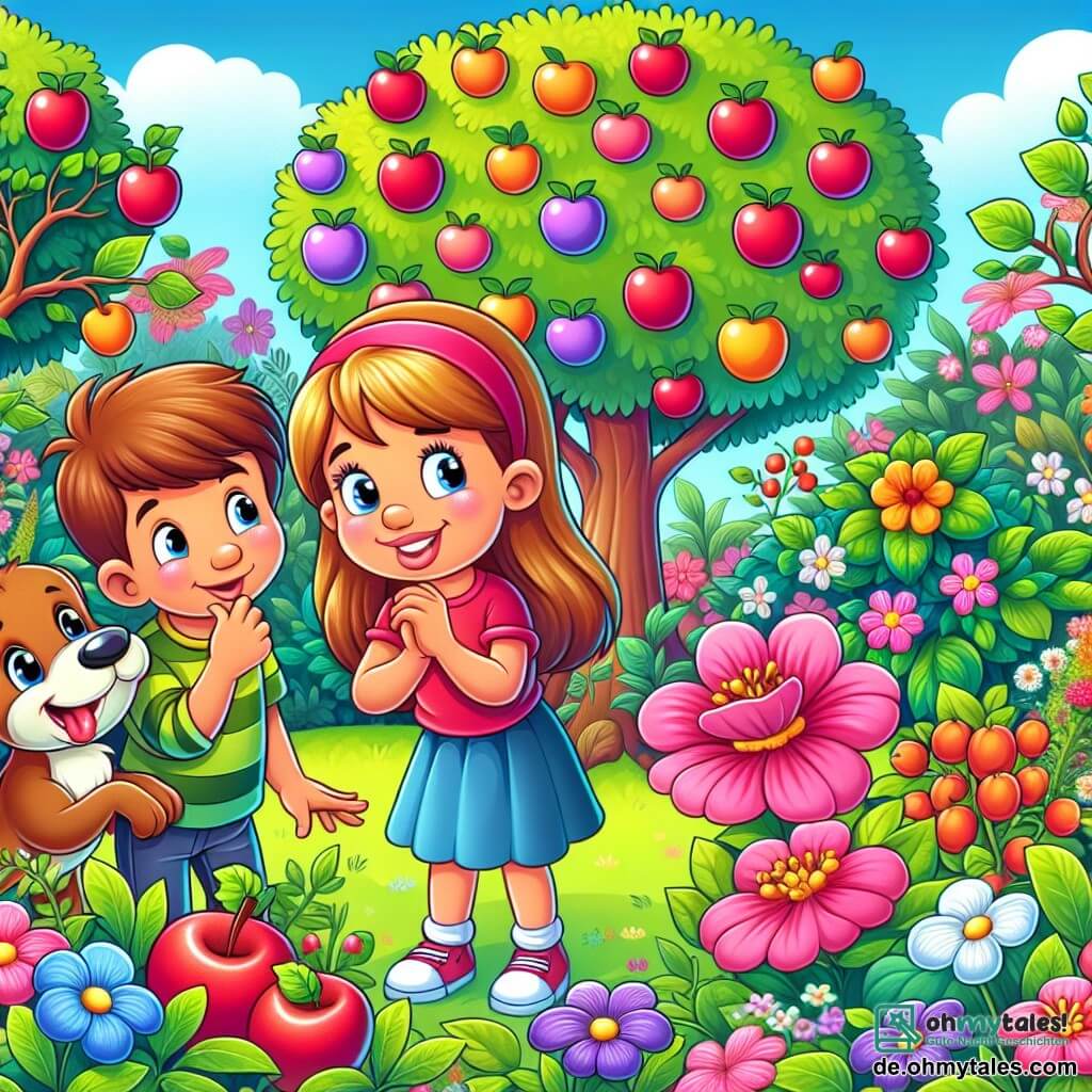 Une illustration destinée aux enfants représentant une fille espiègle, un garçon farceur et une nouvelle amie curieuse, se déroulant dans un charmant et coloré jardin rempli de fleurs et d'arbres fruitiers en fleurs.