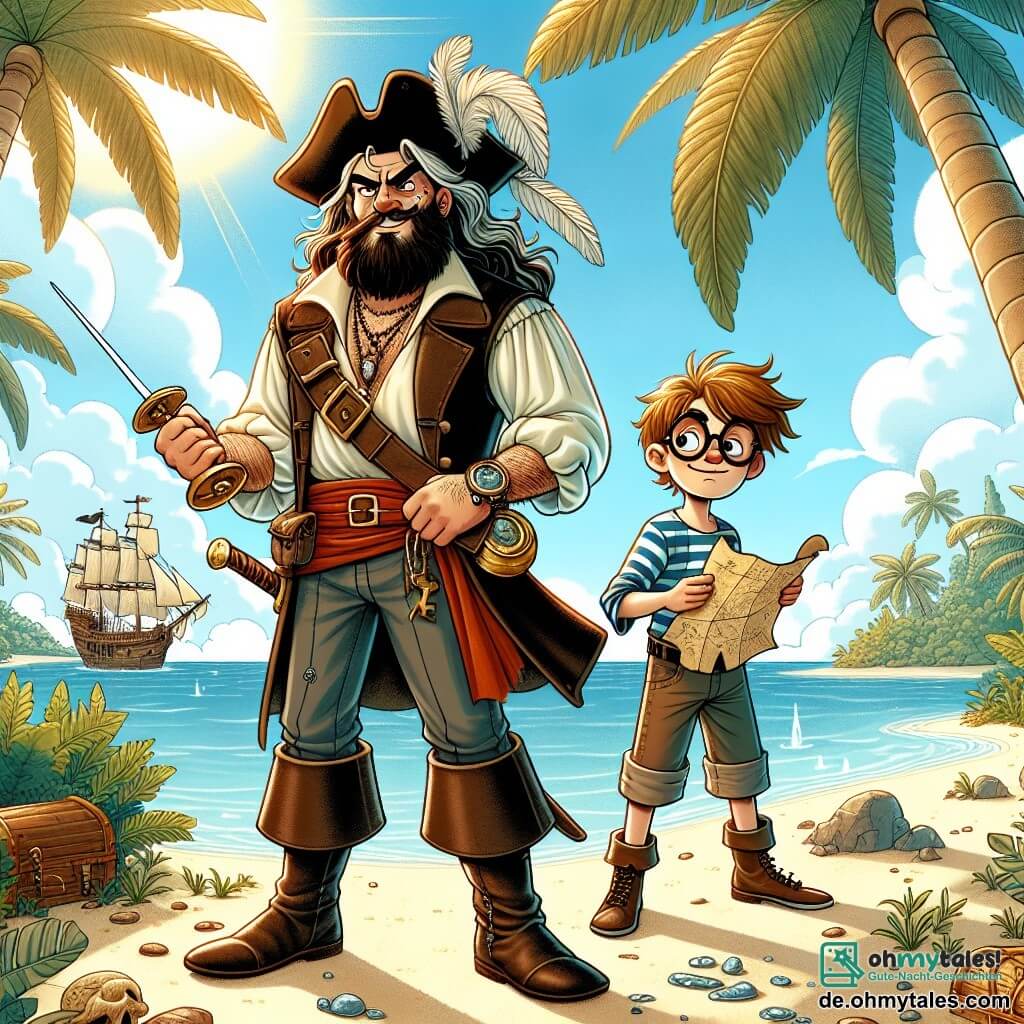 Une illustration sous forme de dessin destinée aux enfants représentant une île tropicale ensoleillée avec des palmiers et des plages de sable fin, où un homme pirate à la chevelure ébouriffée et à la barbe hirsute, vêtu d'un gilet en cuir et d'un chapeau à plumes, tient une carte au trésor avec un regard déterminé, tandis qu'une femme courageuse, avec des cheveux longs et des vêtements de marin, observe les environs avec un sabre à la main, et un jeune garçon aux lunettes rondes et à l'air curieux, tenant un outil d'inventeur, se prépare à résoudre un mystère, alors qu'ils s'apprêtent à découvrir le légendaire trésor caché de l'île.