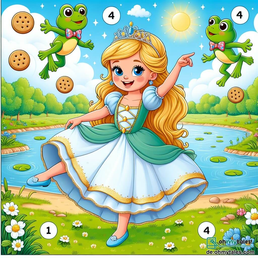 Une illustration sous forme de dessin destinée aux enfants représentant un magnifique lac scintillant au cœur d'un royaume enchanté, avec une princesse aux longs cheveux dorés et aux yeux bleus pétillants, riant joyeusement tout en dansant sur l'herbe verte, entourée de petits grenouilles vertes portant des nœuds papillon colorés, qui sautent et essaient d'attraper des biscuits volants dans les airs, le tout sous un ciel ensoleillé parsemé de nuages moelleux.