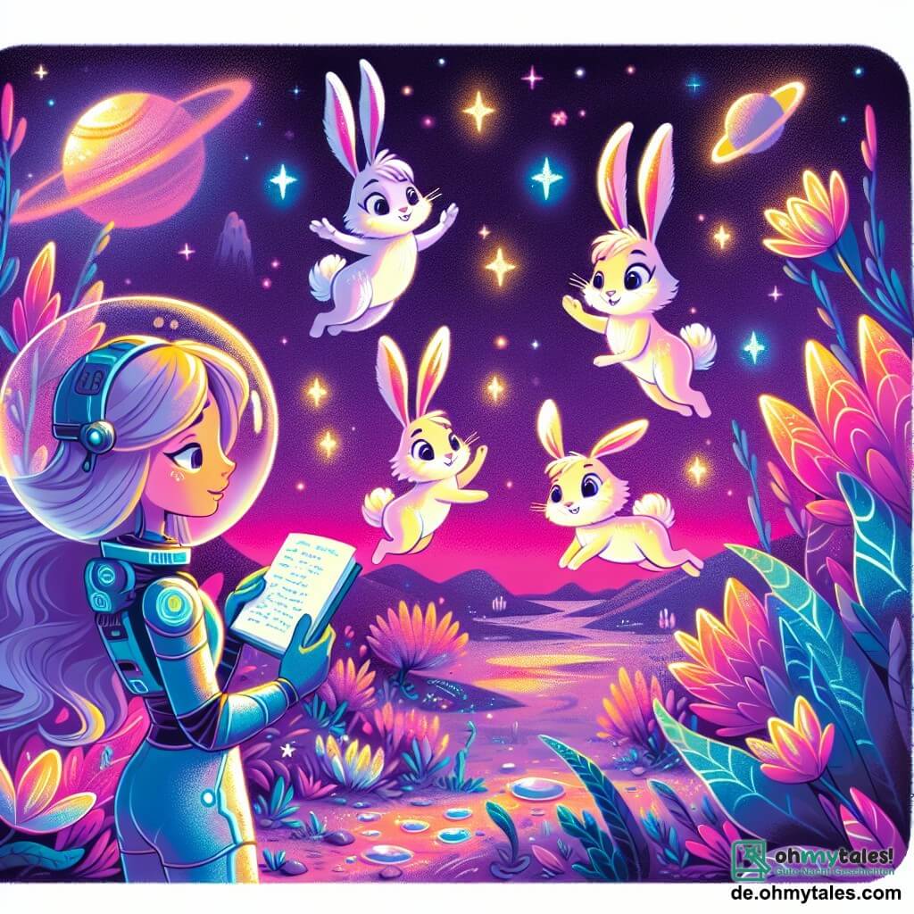 Une illustration sous forme de dessin destinée aux enfants représentant une scène colorée sur un planète lointaine avec un ciel violet et des plantes lumineuses, où une femme aux longs cheveux flottants et aux yeux curieux, vêtue d'une combinaison spatiale brillante, observe avec émerveillement des petits êtres amicaux ressemblant à des lapins aux écailles scintillantes, qui dansent autour d'elle, alors qu'elle prend des notes sur un carnet, capturant la magie de leur amitié et la découverte d'un nouveau monde.