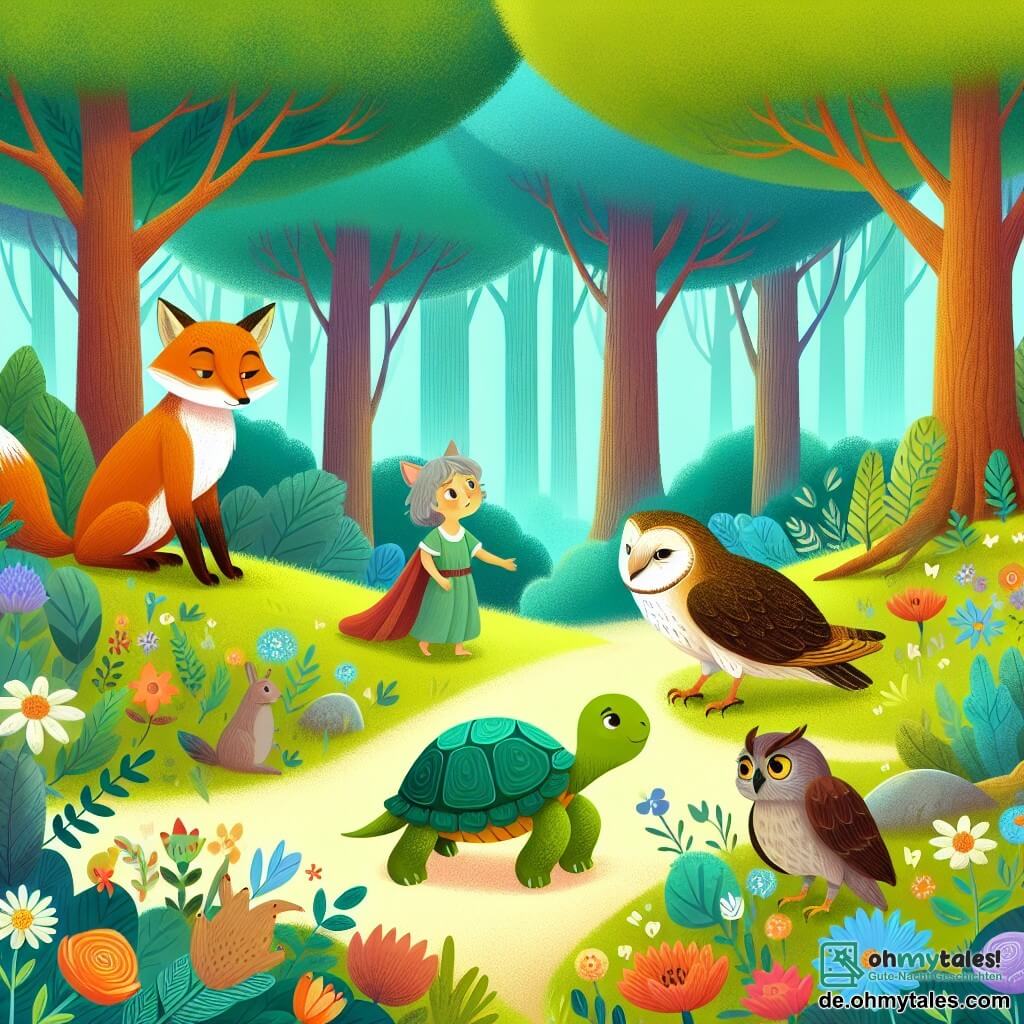 Une illustration destinée aux enfants représentant une petite tortue courageuse, une rencontre avec un rusé renard et une sage chouette, dans un magnifique bois enchanté rempli de fleurs colorées et d'arbres majestueux.