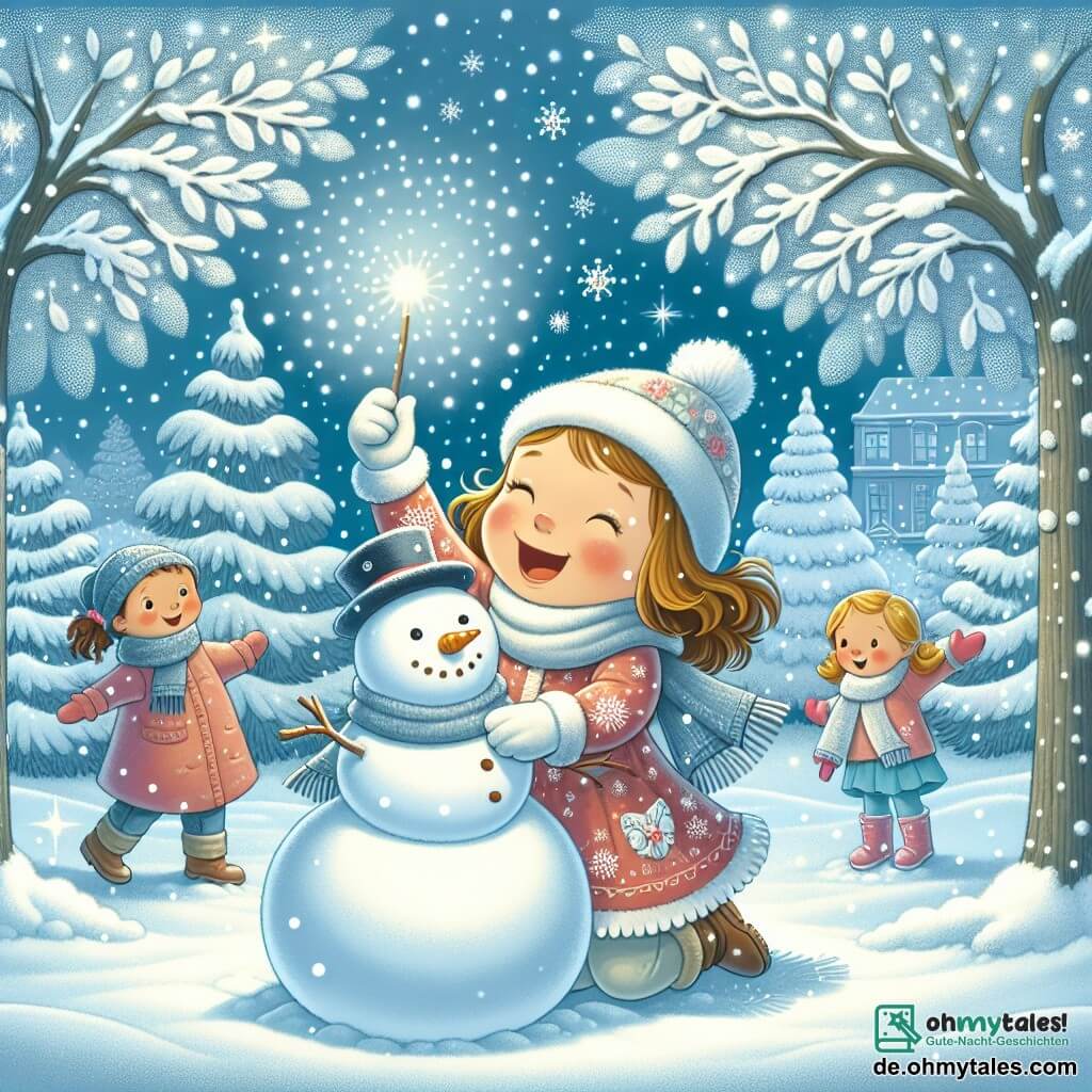 Une illustration destinée aux enfants représentant une fillette émerveillée par la neige qui s'amuse à construire un bonhomme de neige avec ses amis, dans un parc enneigé aux arbres recouverts de manteaux blancs scintillants.
