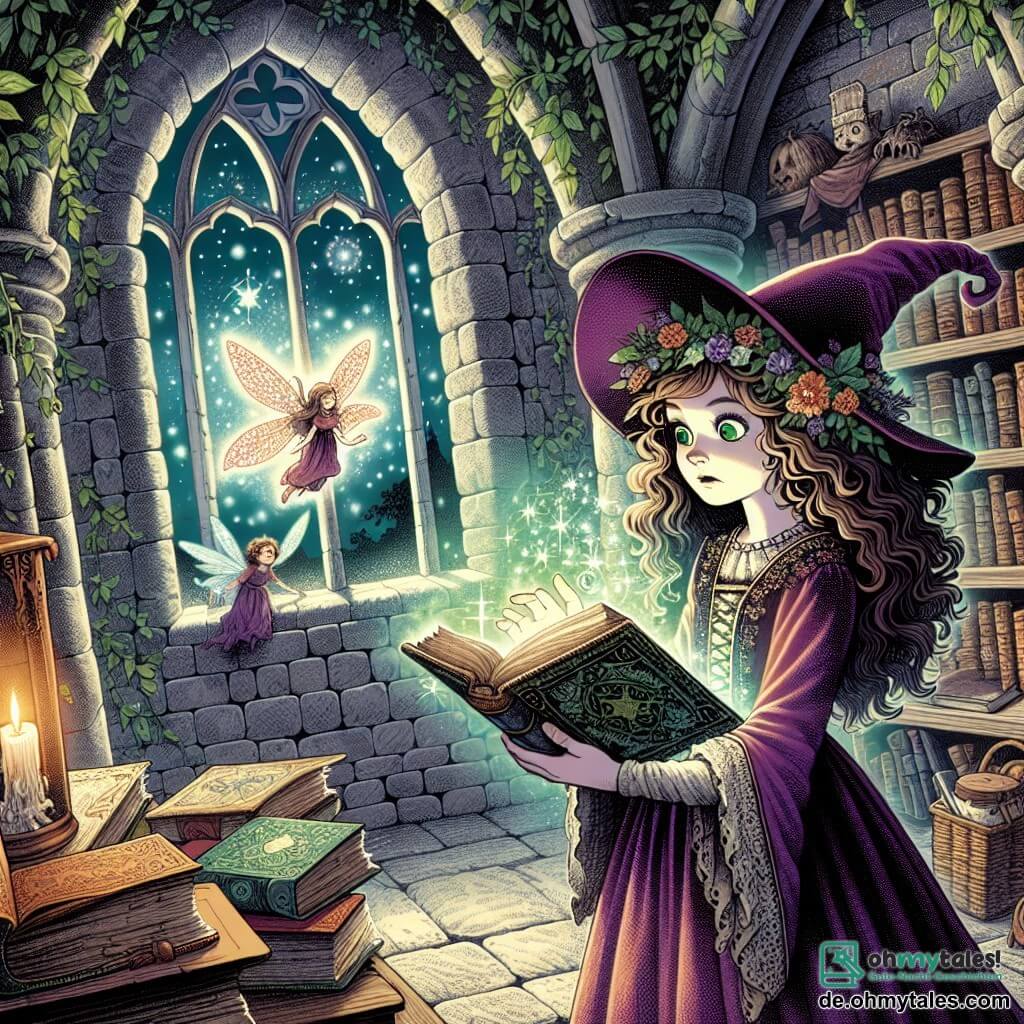 Une illustration sous forme de dessin destinée aux enfants représentant l'intérieur d'un vieux et mystérieux tour de sorcellerie, avec des murs en pierre couverts de lierre et des étagères remplies de livres anciens, où une jeune sorcière aux longs cheveux bouclés et aux yeux verts pétillants, vêtue d'une robe en velours violet, se tient au centre, concentrée sur un grand livre de magie ouvert devant elle, tandis qu'un petit être féérique aux ailes scintillantes, flottant près d'elle, l'observe avec curiosité, alors qu'une ombre menaçante se profile à l'extérieur de la fenêtre, suggérant une menace imminente qui pèse sur leur monde magique.
