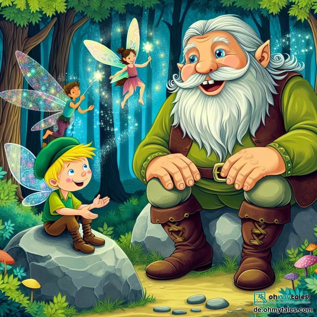 Une illustration sous forme de dessin destinée aux enfants représentant une clairière enchantée dans un forêt magique, où un géant bienveillant aux yeux brillants et à la peau scintillante, assis sur un grand rocher, sourit en écoutant un jeune garçon aux cheveux blonds et à la casquette verte, qui lui parle avec enthousiasme, tandis qu'une créature féerique aux ailes colorées danse joyeusement autour d'eux, symbolisant l'amitié et le partage de secrets dans un monde rempli de merveilles.