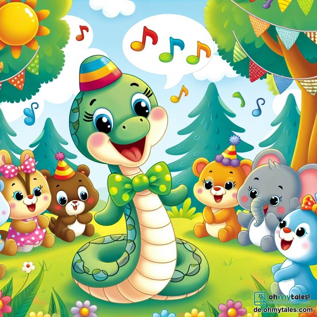 Une illustration destinée aux enfants représentant une charmante petite serpentine, portant une adorable fliege verte, partageant des blagues amusantes avec ses amis animaux lors d'une fête colorée et joyeuse dans une forêt ensoleillée où les arbres dansent au rythme du vent.