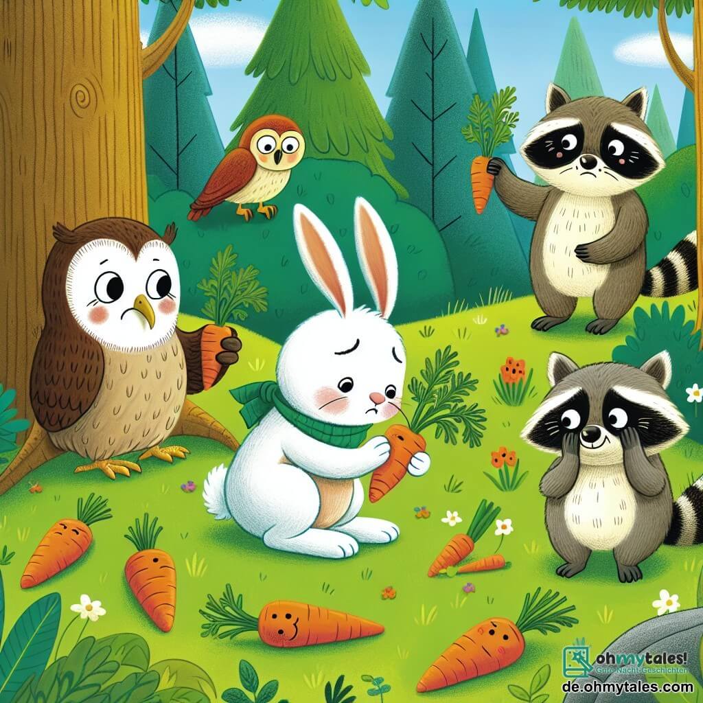 Une illustration destinée aux enfants représentant un petit lapin triste cherchant ses carottes perdues, aidé par une sage chouette, tandis que des malicieux ratons laveurs rient en mangeant les carottes, dans une clairière ensoleillée et verdoyante de la forêt enchantée.