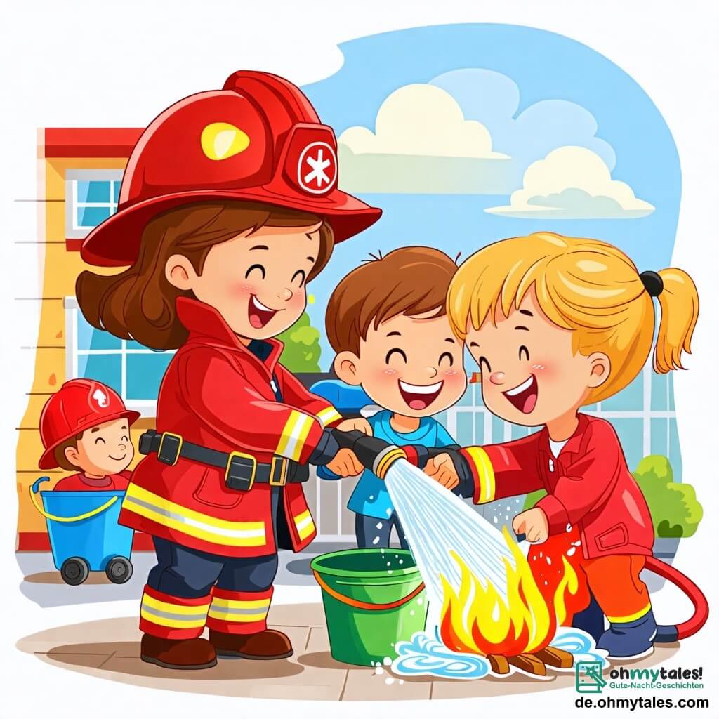 Une illustration sous forme de dessin destinée aux enfants représentant une scène ensoleillée dans une cour de caserne de pompiers, où une femme pompière aux cheveux bruns, portant un casque rouge et une grande veste de protection, s'apprête à arroser un petit feu simulé avec un tuyau d'incendie, tandis qu'un garçon aux cheveux blonds et une fille aux cheveux châtains, tous deux souriants, l'aident en tenant le tuyau et en riant, entourés de jouets de pompiers et de seaux d'eau colorés, illustrant l'importance du travail d'équipe et de l'apprentissage des gestes de sécurité.