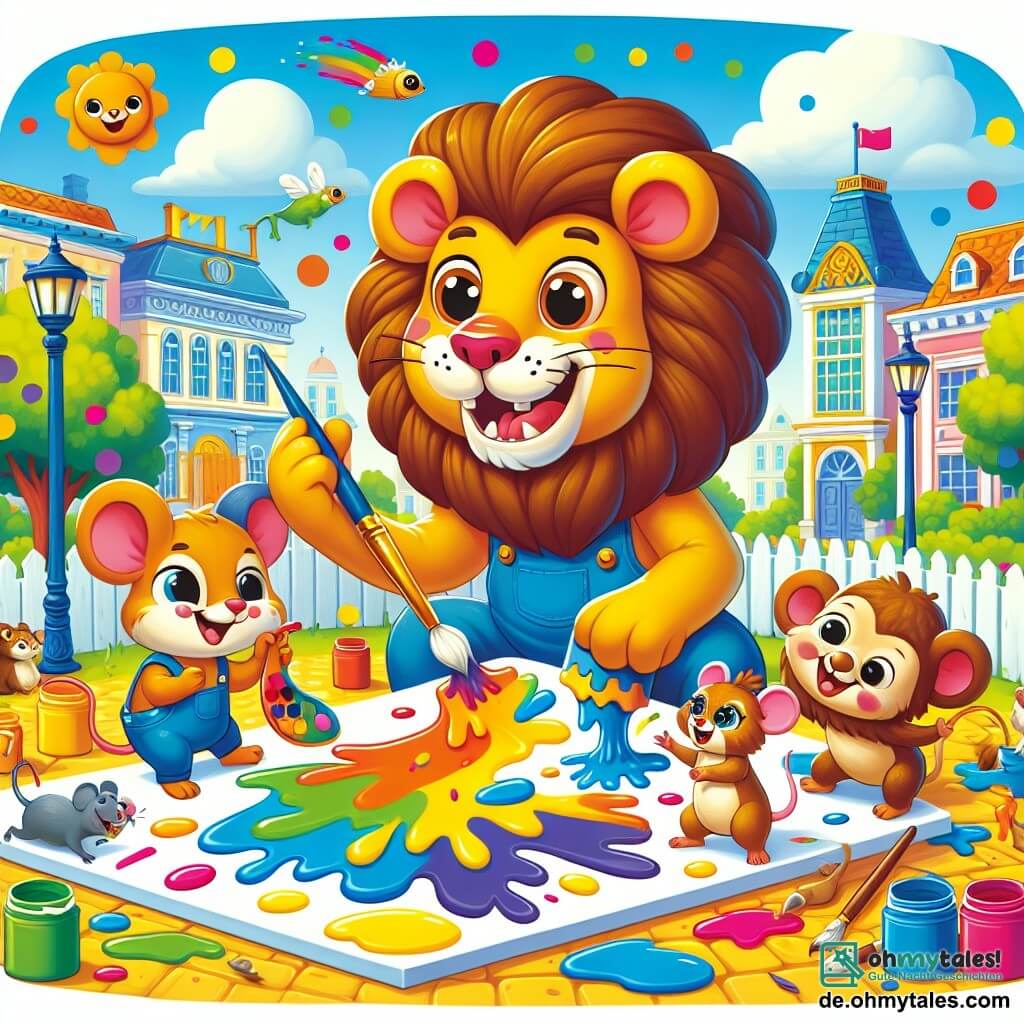 Une illustration sous forme de dessin destinée aux enfants représentant un parc coloré de la ville Lächelburg, où un lion aux grandes crinières dorées, joyeux et espiègle, est en train de peindre une immense toile avec des couleurs éclatantes, tandis qu'une petite souris aux yeux pétillants et un singe malicieux aux bras agiles l'aident en lançant de la peinture partout, créant une scène de fête pleine de rires et de joie, entourée d'animaux curieux admirant le spectacle.