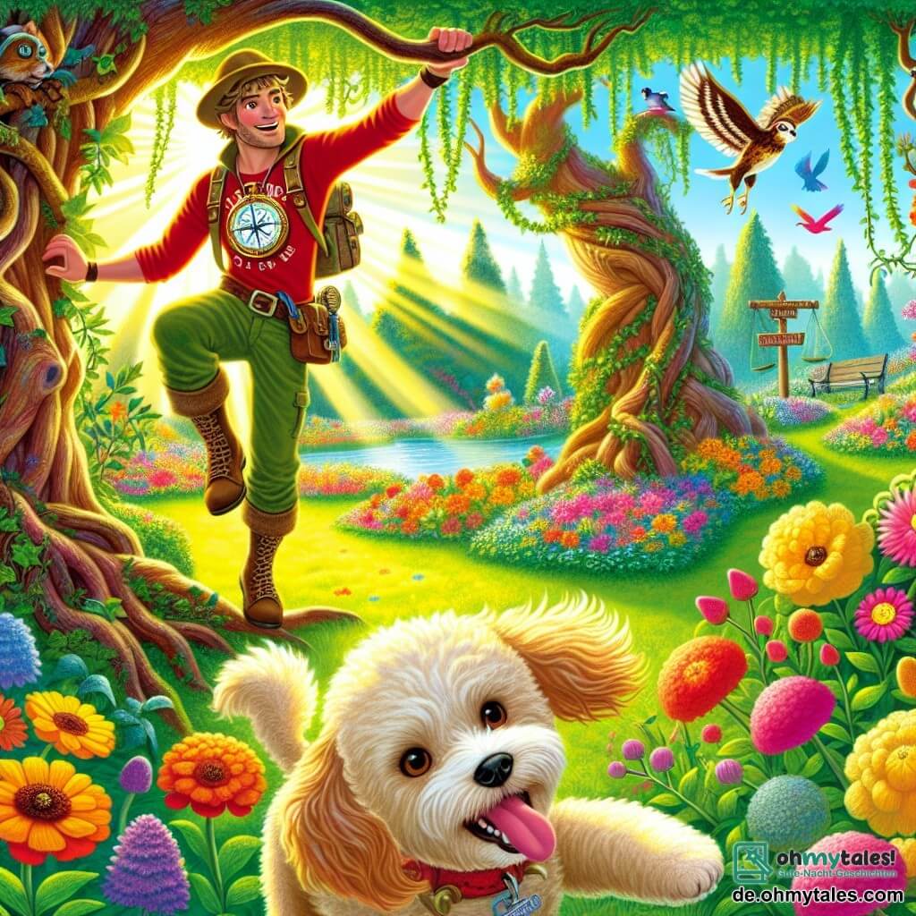 Illustration eines geheimen und verzauberten Gartens, gefüllt mit bunten Blumen mit leuchtenden Blütenblättern, großen Bäumen mit knorrigen Stämmen und grünen Lianen. In der Mitte klettert ein mutiger Mann mit einem roten T-Shirt, das mit einem großen weißen Kompass verziert ist, und einem Entdeckerhut auf dem Kopf geschickt auf einen Baum, um einen glänzenden goldenen Apfel zu erreichen. Sein Gesicht drückt Entschlossenheit und Aufregung aus. Zu seinen Füßen springt ein kleiner Hund, ein fröhlicher, wuscheliger Pudel mit cremigem Fell, vor Freude, seine Augen strahlen Enthusiasmus aus. Im Hintergrund beobachtet eine große gestreifte Katze mit durchdringenden Augen und einem leicht misstrauischen Blick die Szene, bereit, den Mann und seinen Freund herauszufordern. Die Sonne scheint durch die Blätter und wirft tanzende Schatten auf den Boden, während bunte Vögel umherfliegen und der Atmosphäre einen Hauch von Magie verleihen.