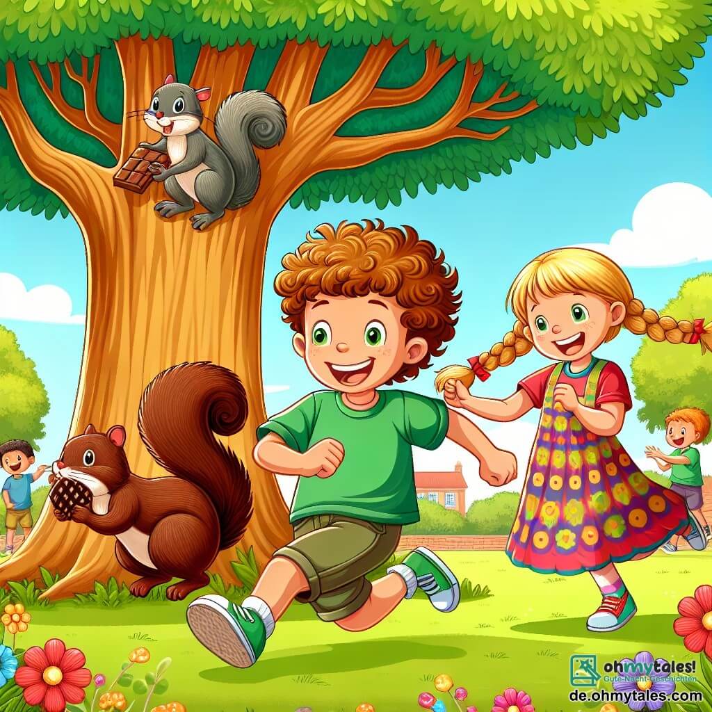 Une illustration sous forme de dessin destinée aux enfants représentant un parc ensoleillé avec un grand arbre au centre, où un garçon de 11 ans aux cheveux bruns et bouclés, portant un t-shirt vert et un short, court avec enthousiasme pour récupérer un gros biscuit en chocolat qui lui a été volé par un écureuil espiègle, tandis qu'une fille de 11 ans aux cheveux blonds tressés, vêtue d'une robe colorée, le regarde en riant et l'encourage, entourés de fleurs colorées et d'autres enfants jouant en arrière-plan.